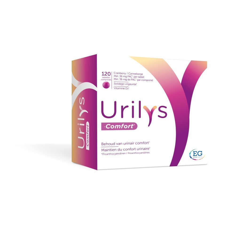 Doos Urilys-Comfort met 120 tabletten. Bevat cranberry en vitamine D3. EG logo.