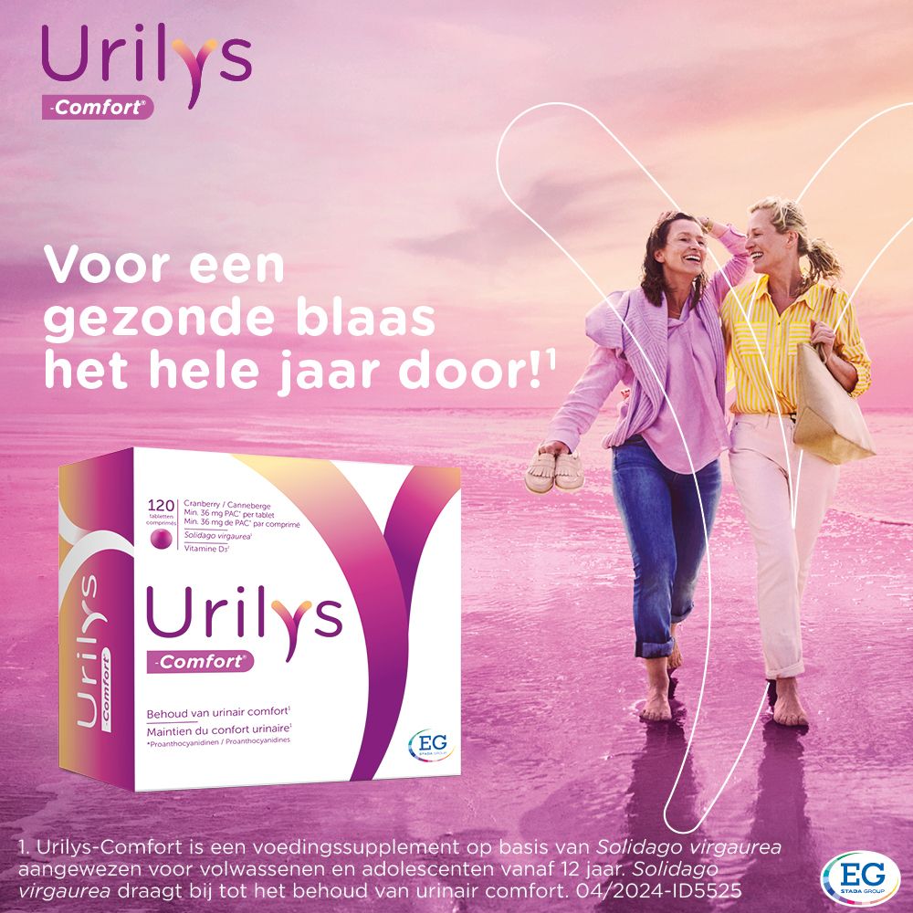 Urilys-Comfort verpakking. Tekst: Voor een gezonde blaas het hele jaar door! Nederlandse versie.