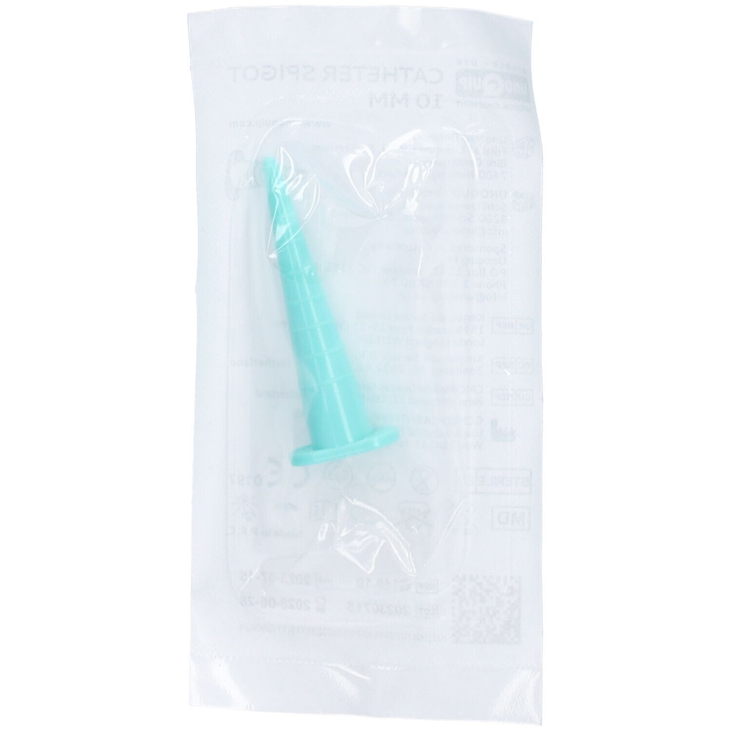 Conische sonde, lichtblauw, in transparante verpakking. Zichtbare productaanduiding: 10 mm Catheter Spigot.