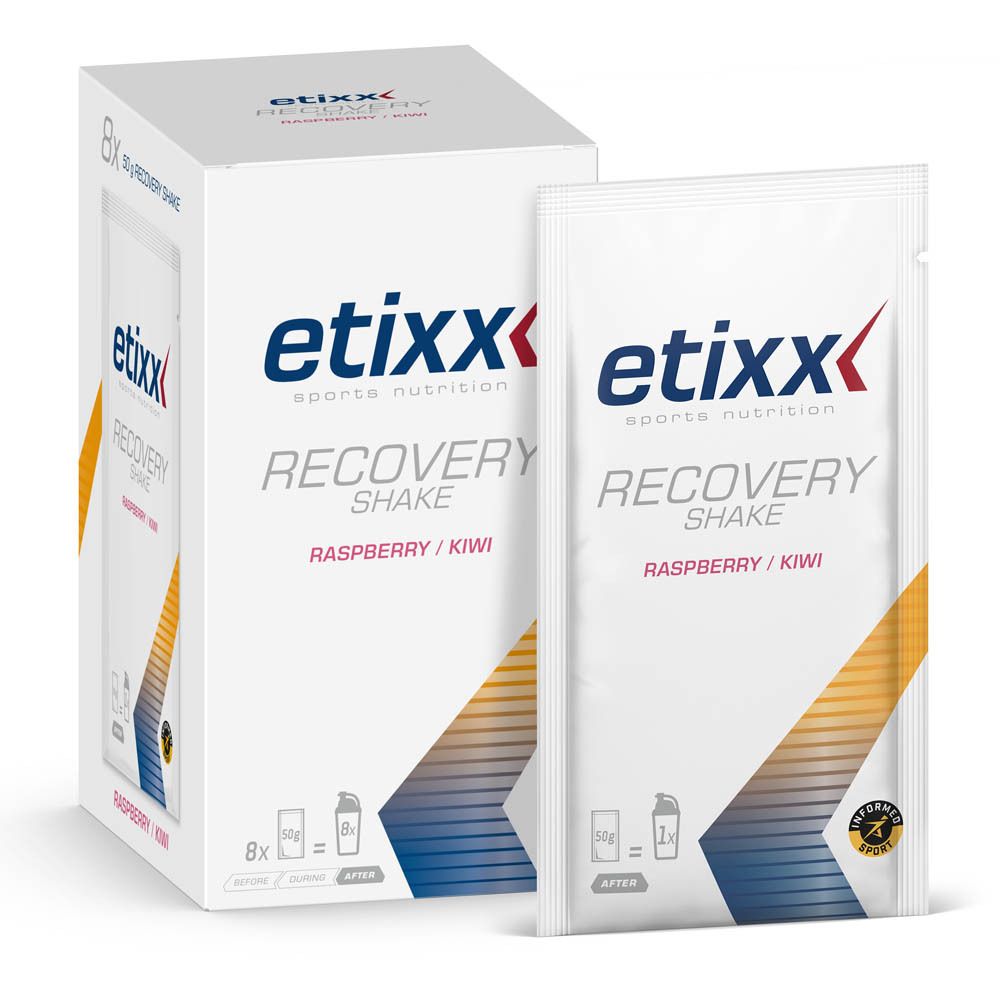 Boîte et sachet Etixx Recovery Shake Framboise/Kiwi. Emballage blanc, logo et nom du produit.