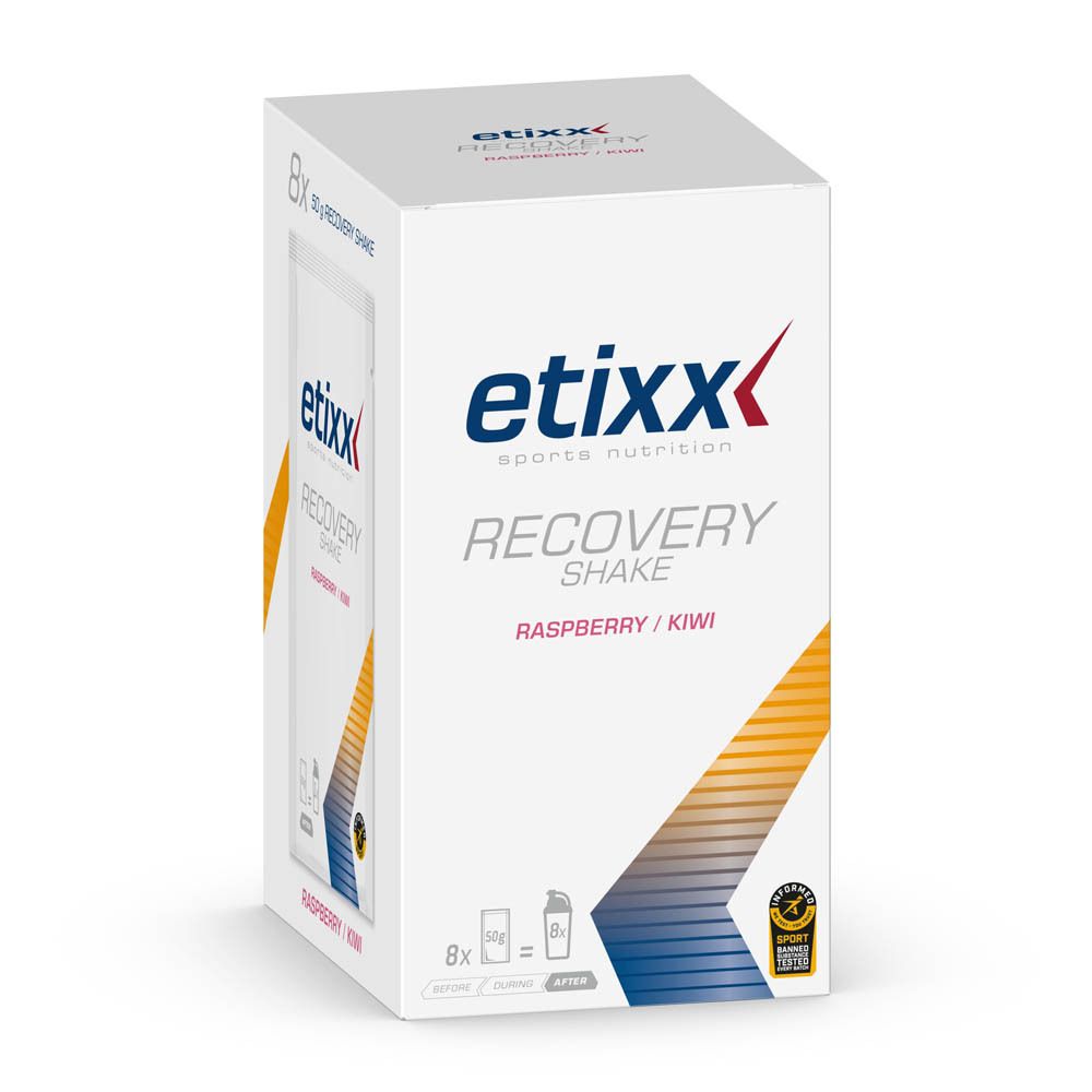 Boîte Etixx Recovery Shake Framboise/Kiwi. Emballage blanc, logo et nom du produit.