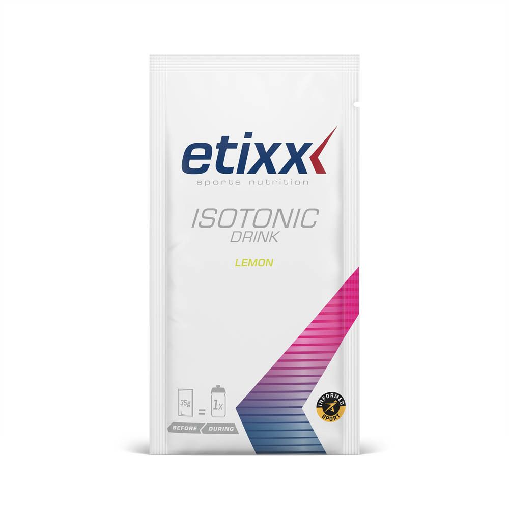 Einzelpackung Etixx Isotonic Drink Zitrone. Weißes Sachet mit Logo, Produktname und Geschmacksrichtung. 25g.