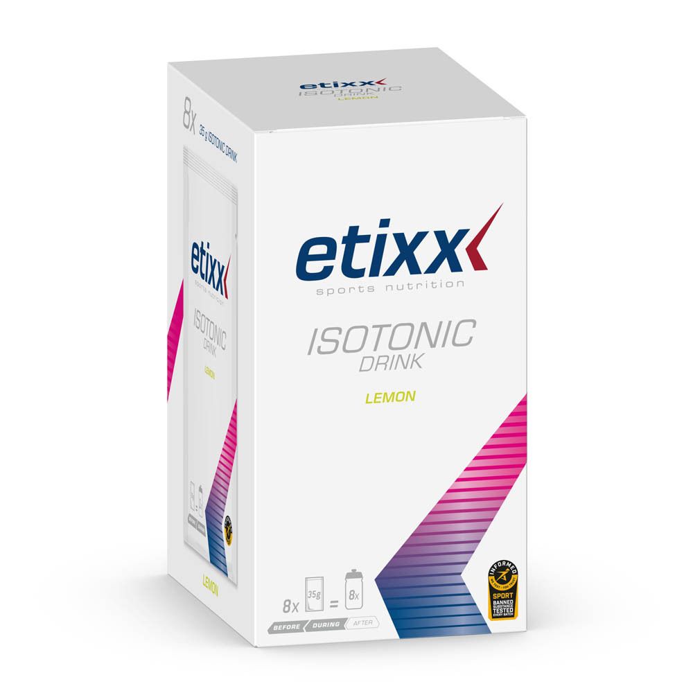 Etixx Isotonic Drink Zitrone Karton. Weißer Karton mit Logo, Produktname und Geschmacksrichtung. 8x Einzelpackungen.