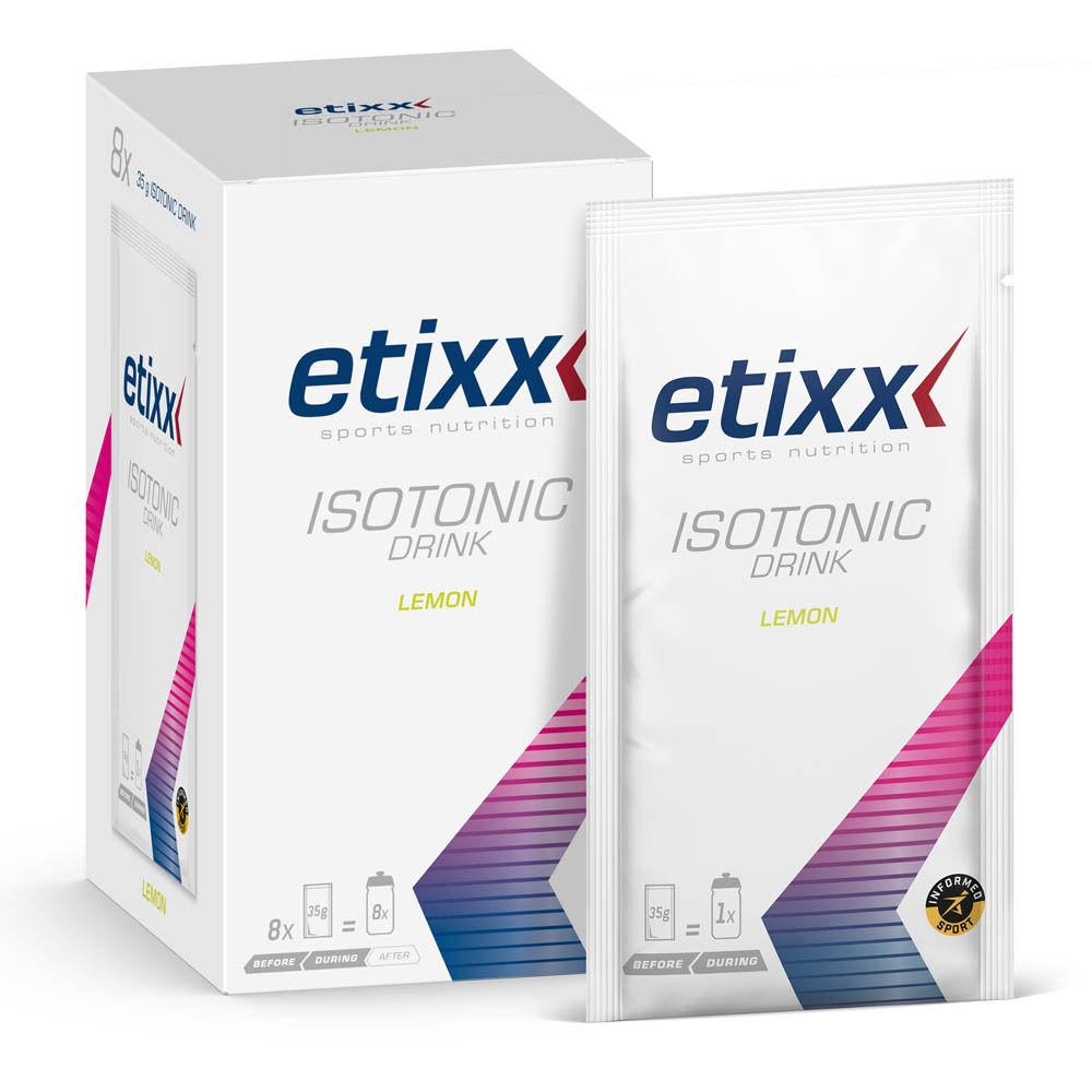 Etixx Isotonic Drink Zitrone Karton mit Einzelpackung. Weißer Karton mit Logo, Produktname und Geschmacksrichtung. 8x.