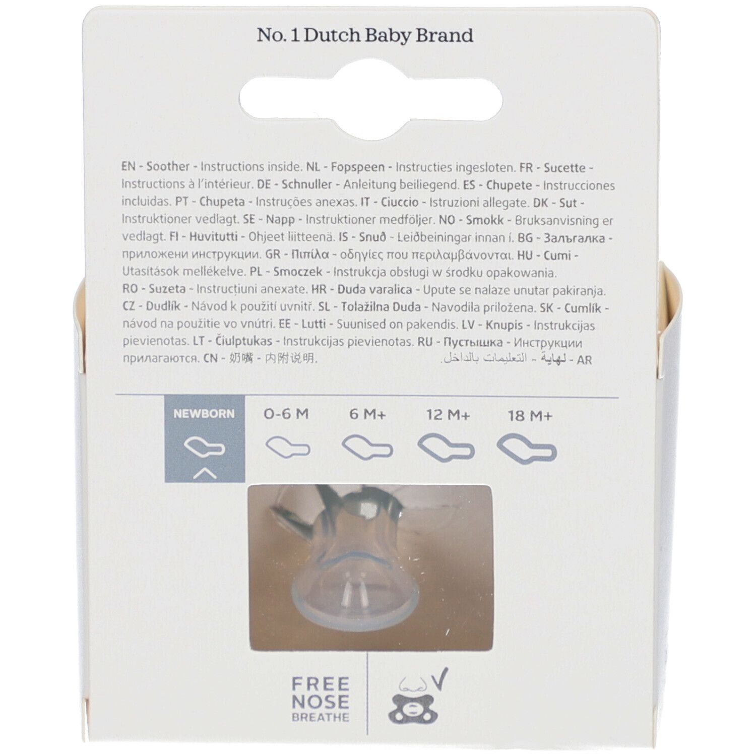 Rückseite der Verpackung. Text: No. 1 Dutch Baby Brand. Illustrationen und Text für verschiedene Altersgruppen.