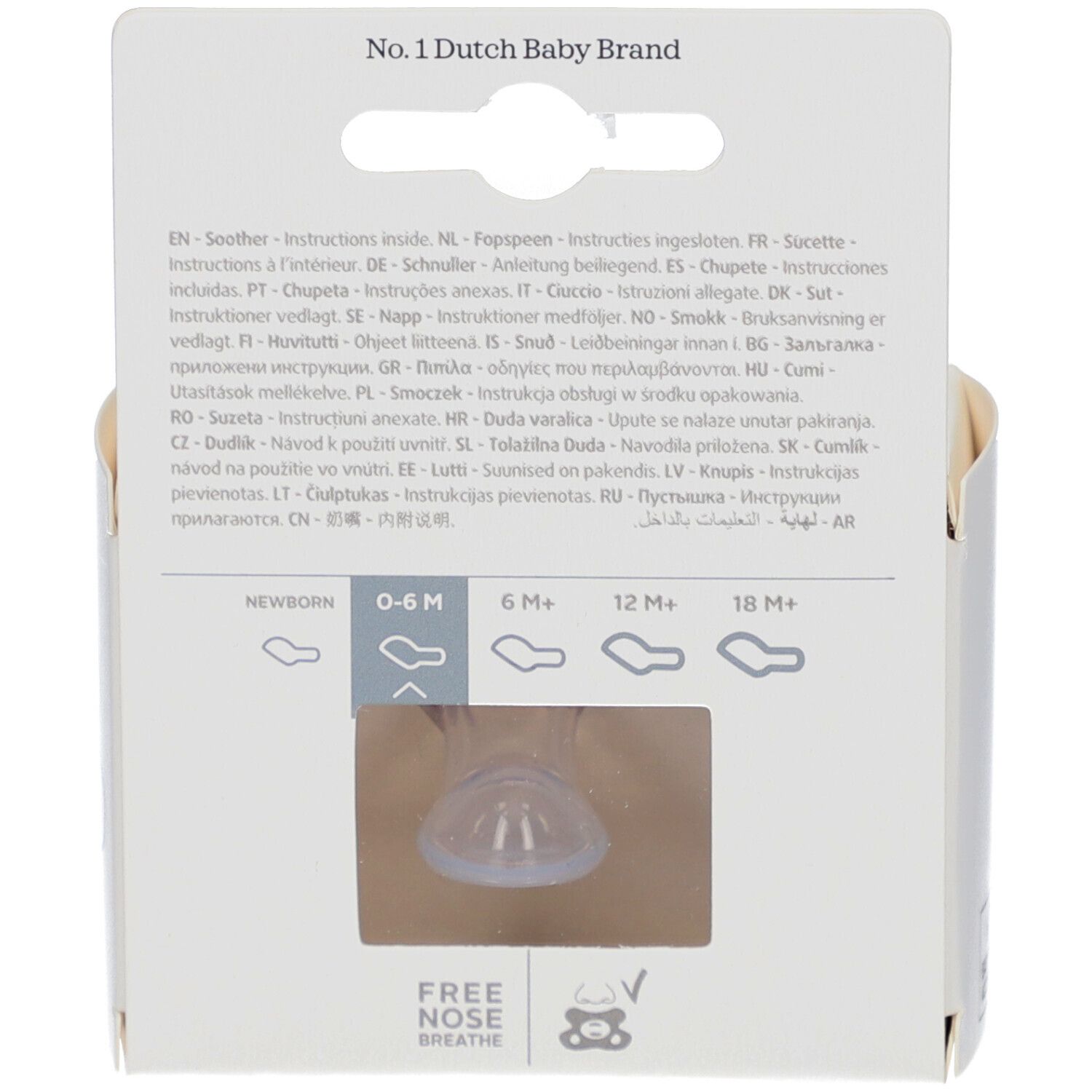Rückseite der Verpackung. Text: No. 1 Dutch Baby Brand. Altersempfehlung: 0-6 Monate.