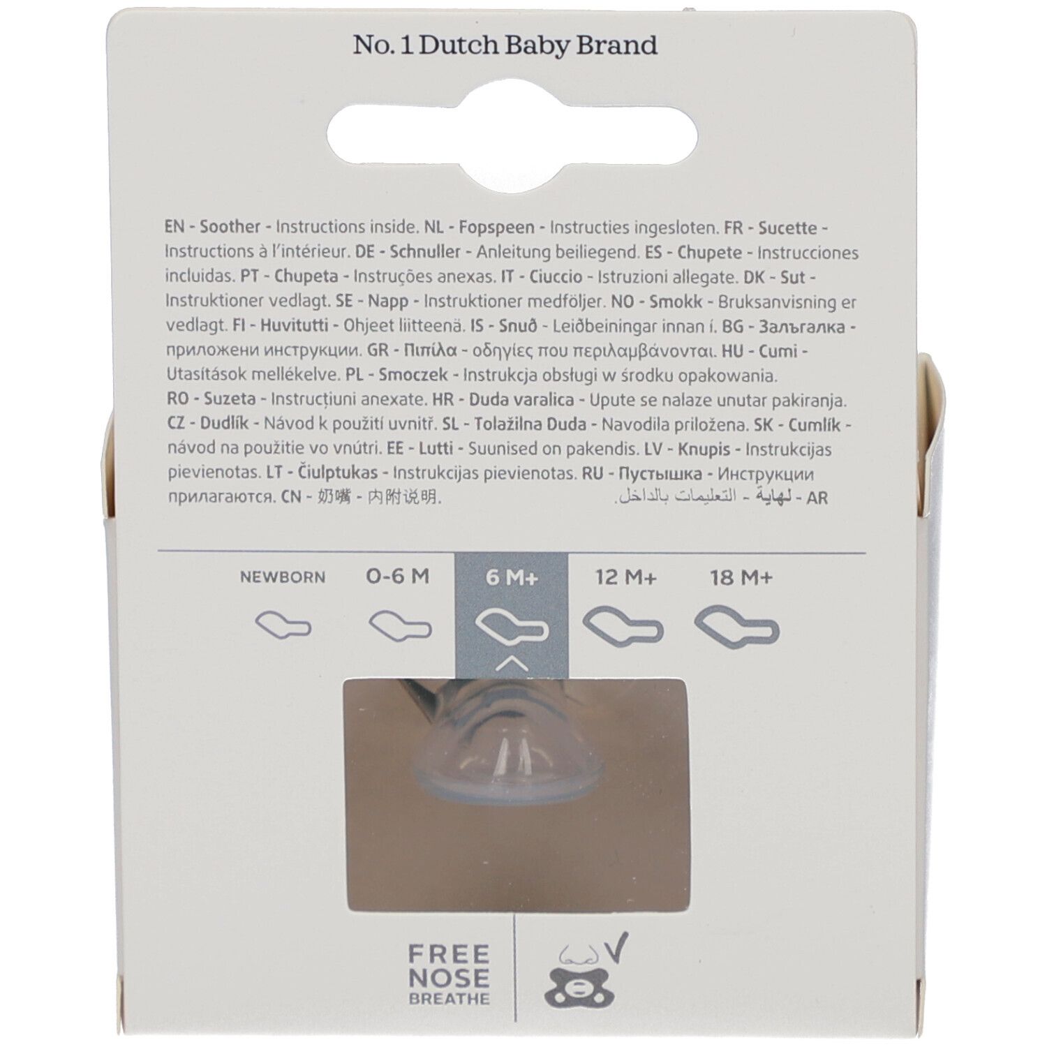 Rückseite der Verpackung. Text in mehreren Sprachen. Altersangaben: Newborn, 0-6M, 6M+, 12M+, 18M+.