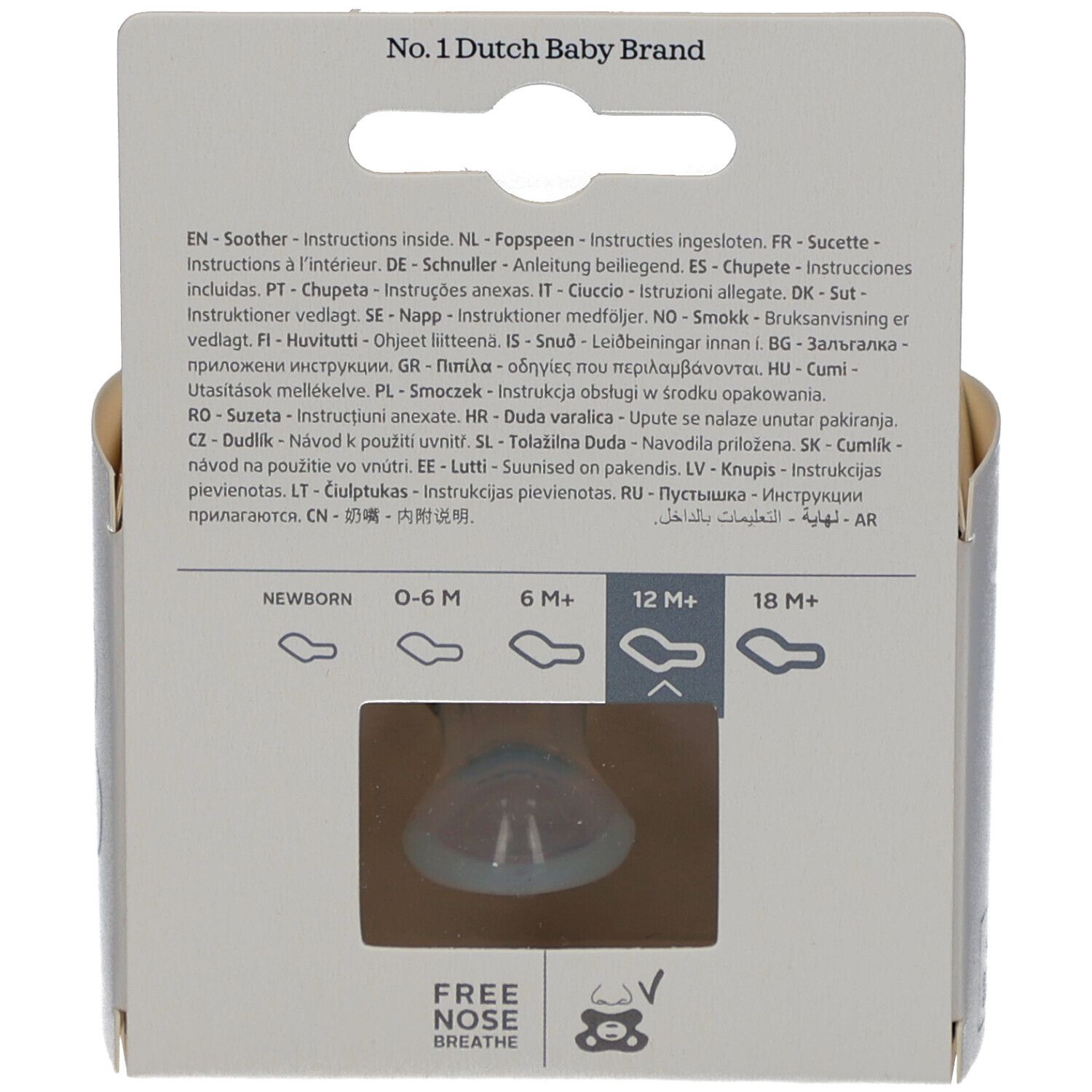 Rückseite der Verpackung. Text in mehreren Sprachen. Illustrationen von Schnullern für verschiedene Altersgruppen.