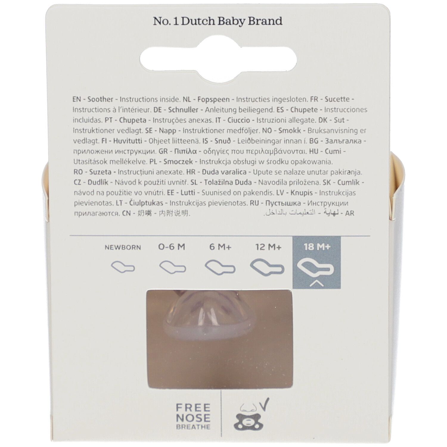 Rückseite der Verpackung. Text in mehreren Sprachen. Sichtbar: Größenangaben für Neugeborene bis 18M+.