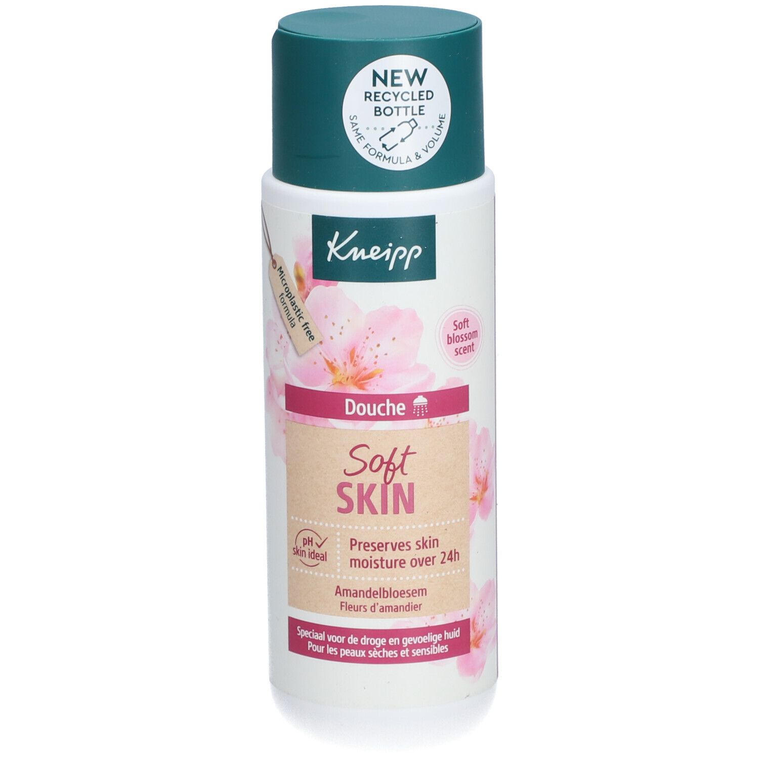Kneipp Douche Soft Skin. Bouteille blanche, bouchon vert. Étiquette avec nom du produit, motif floral et texte. pH neutre pour la peau.