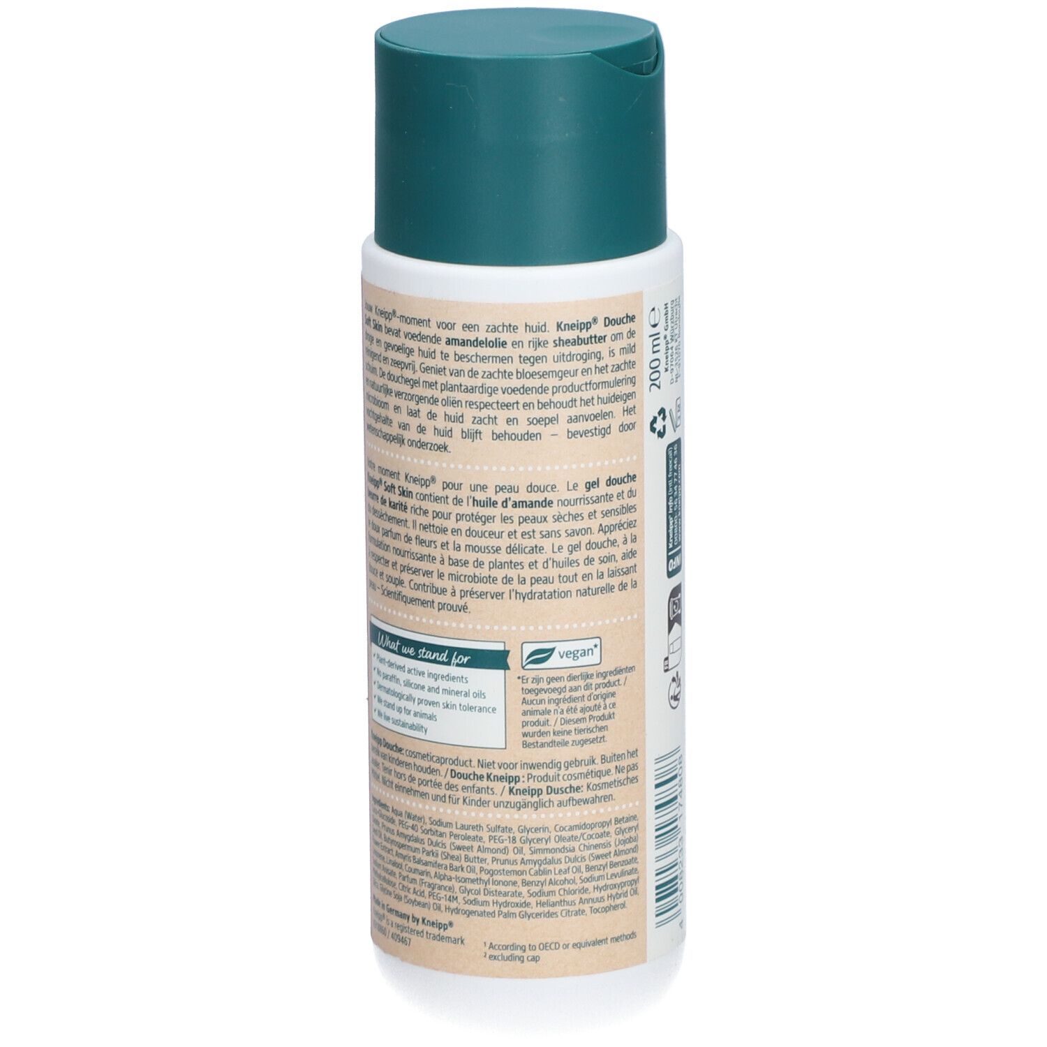 Dos de la bouteille Kneipp Douche Soft Skin. Texte, ingrédients, label vegan. 200 ml. Pour peaux sèches et sensibles.