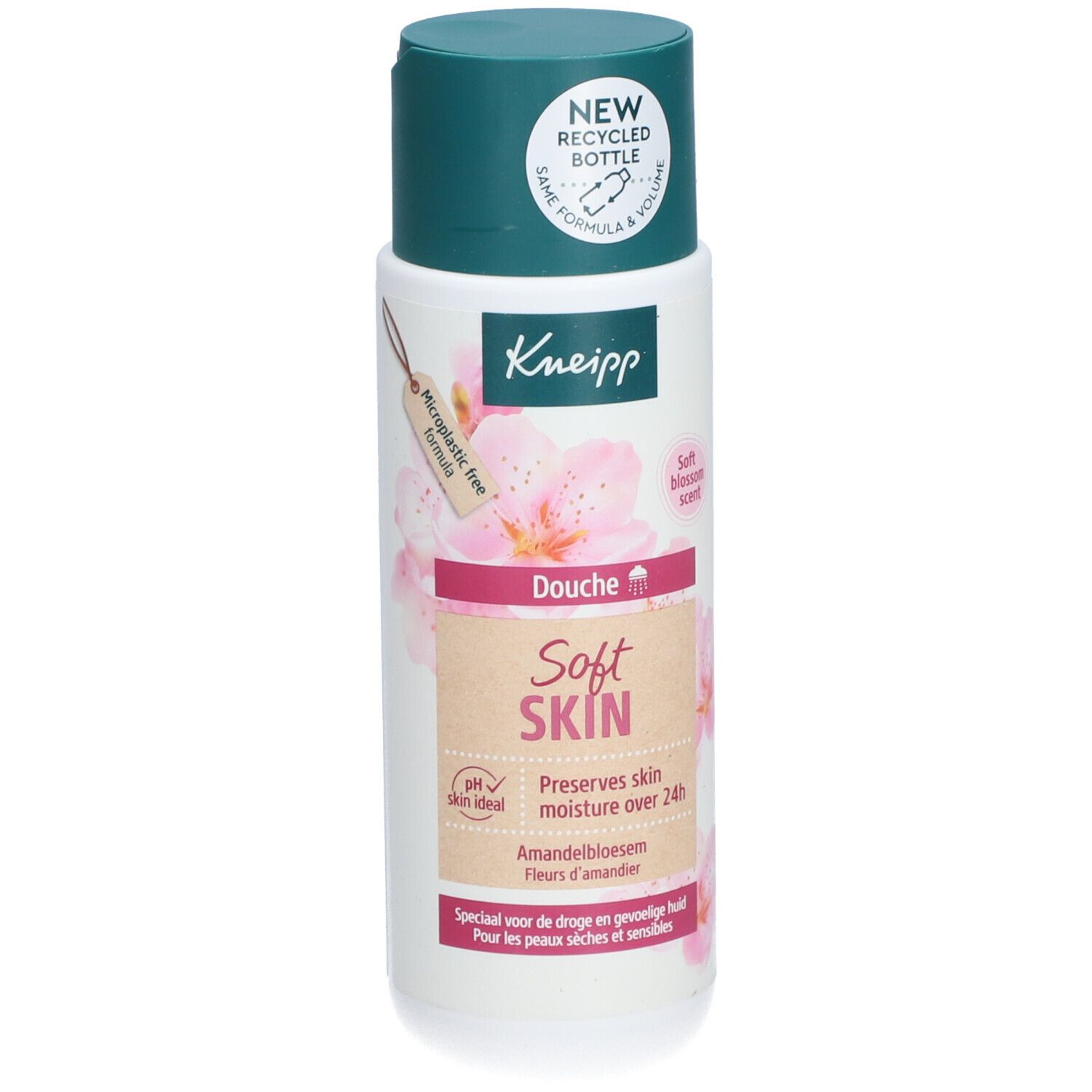 Kneipp Douche Soft Skin. Bouteille blanche, bouchon vert. Étiquette avec nom du produit, motif floral et texte. pH neutre pour la peau.