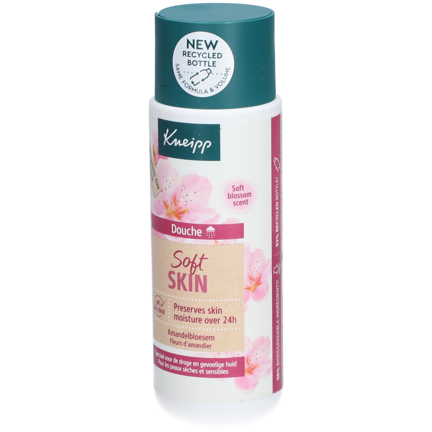 Kneipp Douche Soft Skin. Bouteille blanche, bouchon vert. Étiquette avec nom du produit, motif floral et texte. pH neutre pour la peau.