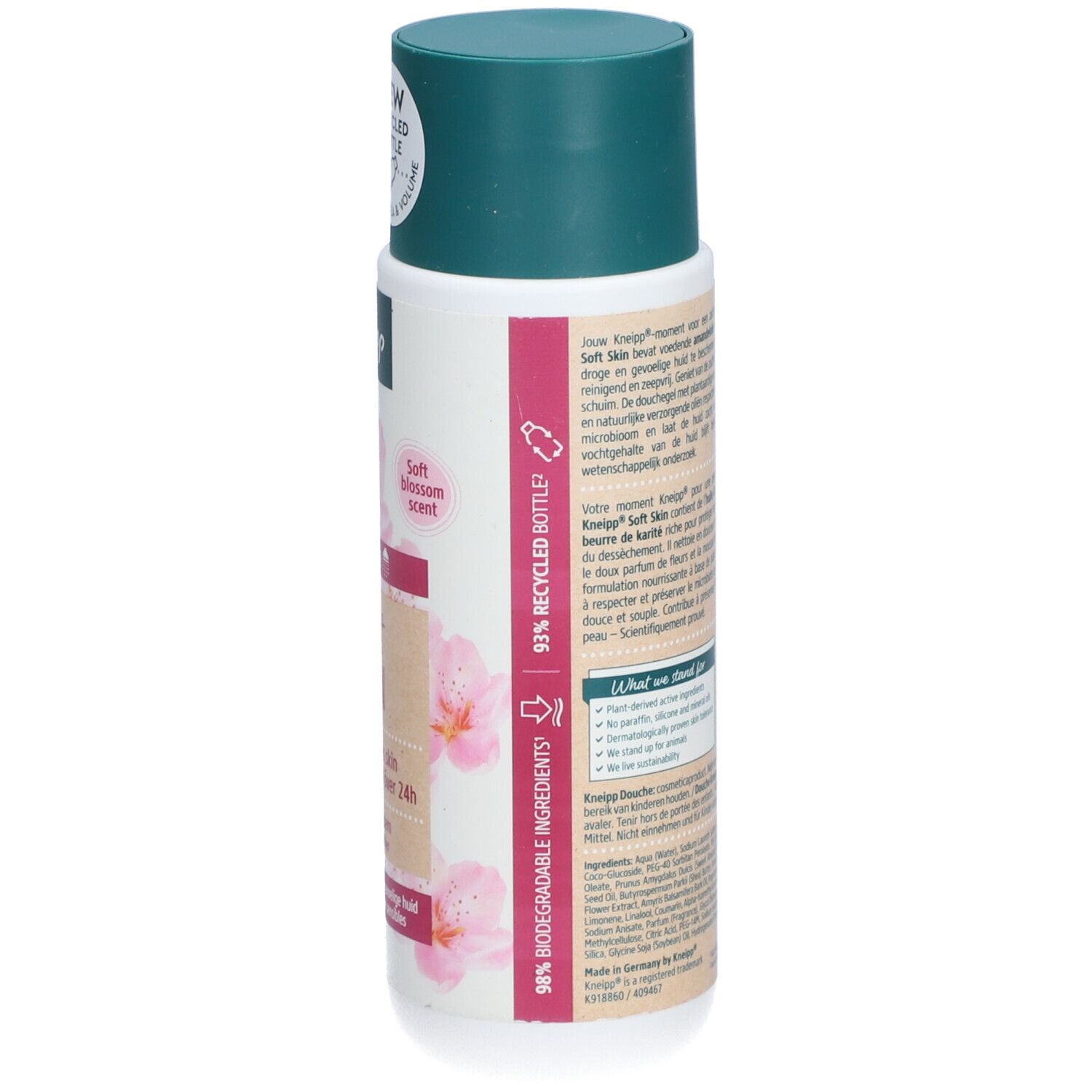 Dos de la bouteille Kneipp Douche Soft Skin. Texte, ingrédients, label vegan. Bouteille recyclée à 93%. 98% biodégradable.