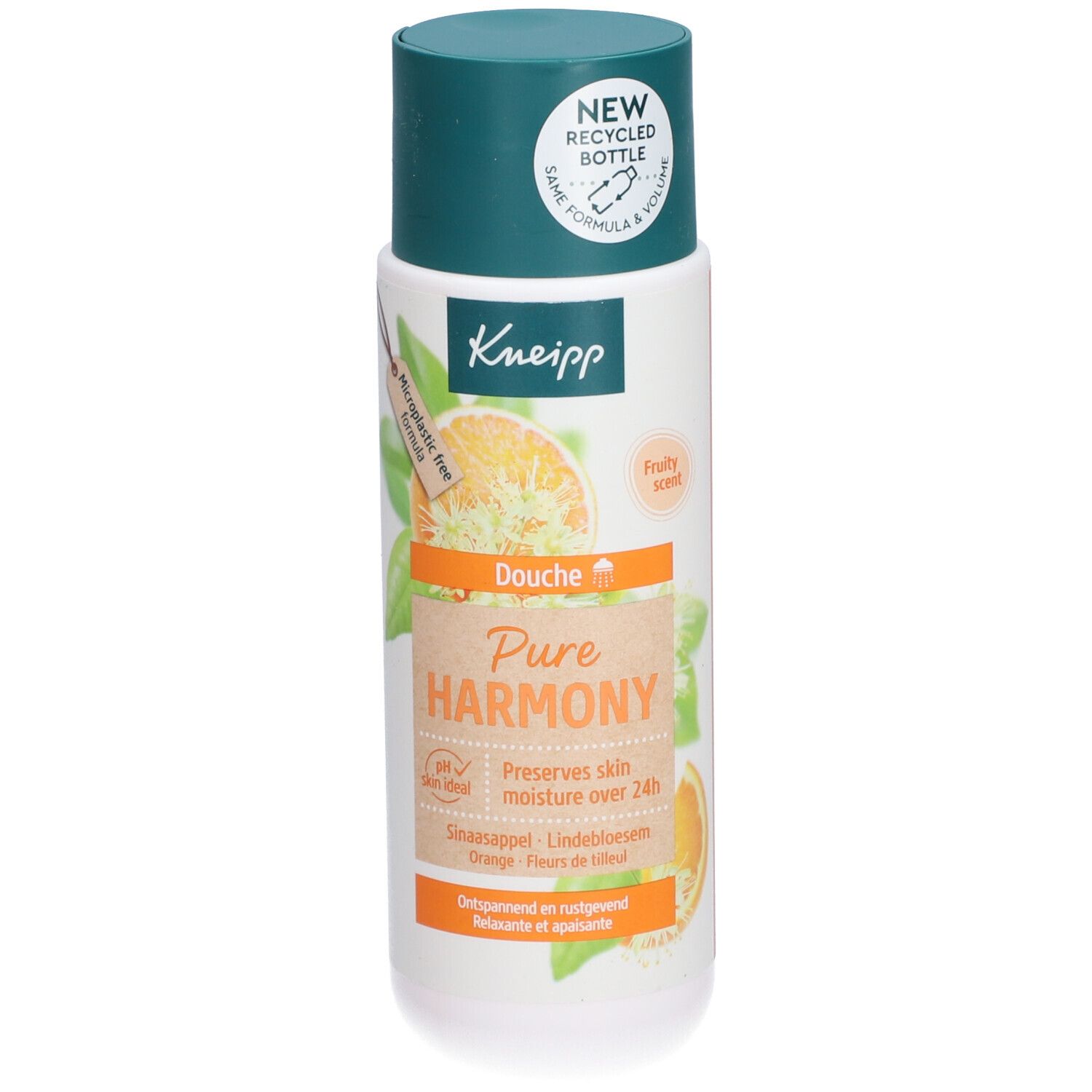 Flacon blanc et vert avec bouchon vert. Inscription : Kneipp, Douche Pure Harmony. Illustration d'une orange. pH neutre pour la peau.