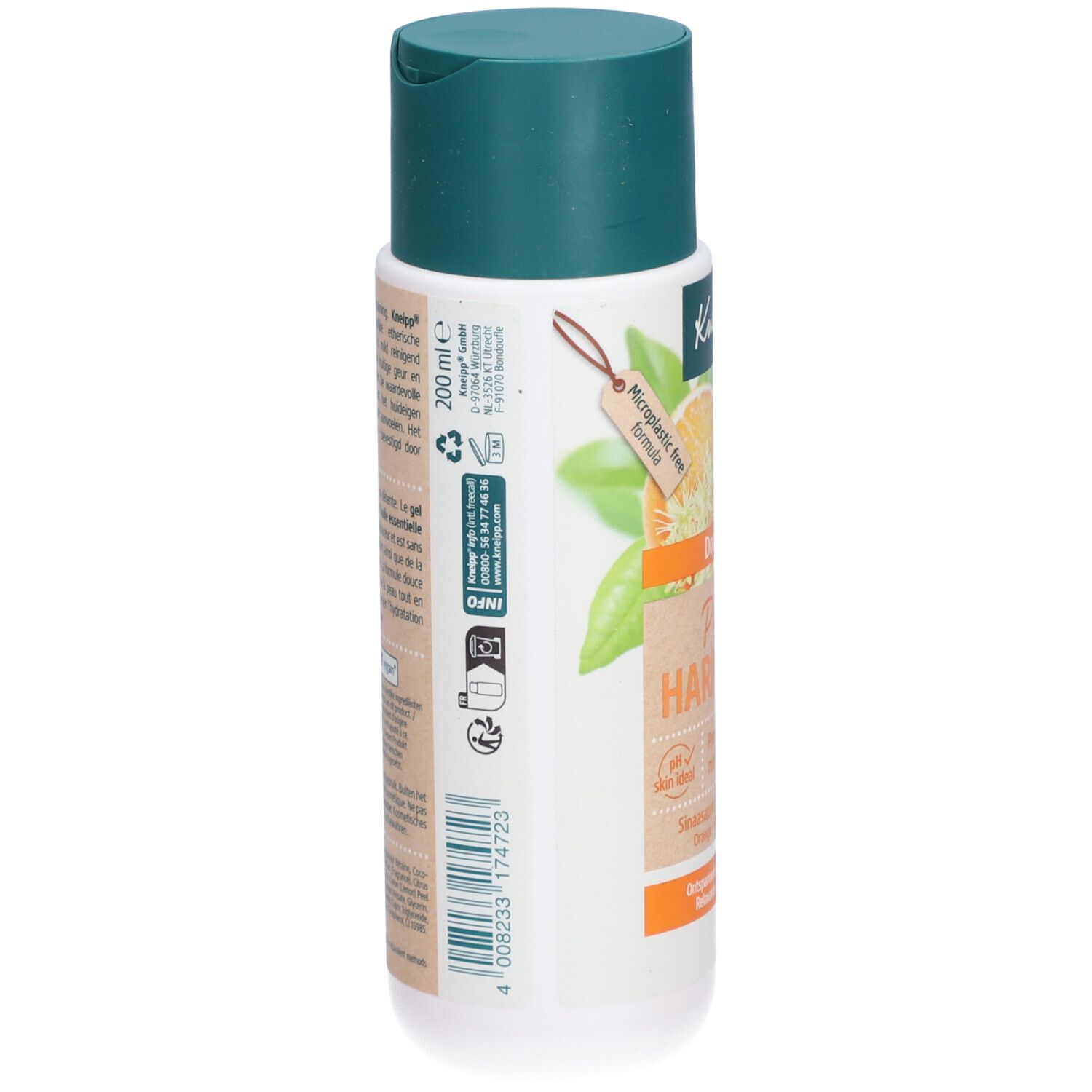 Flacon avec bouchon vert. Dos avec texte et logos. Inscription : 200 ml. Formule sans microplastiques. Vegan.