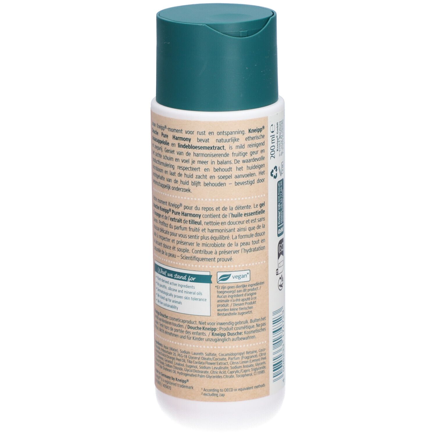 Flacon avec bouchon vert. Dos avec texte. Inscription : Kneipp Douche Pure Harmony. Vegan. 98% biodégradable.