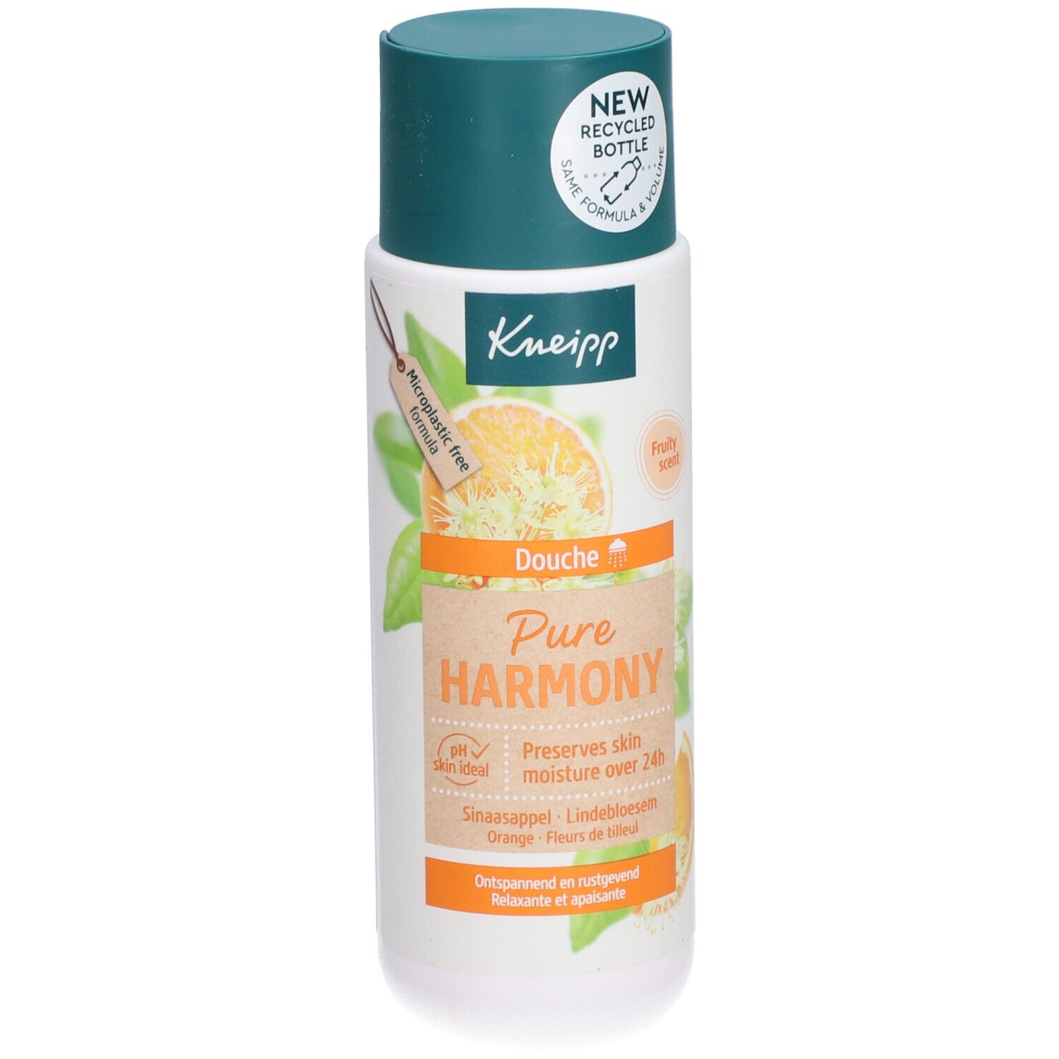 Flacon blanc et vert avec bouchon vert. Inscription : Kneipp, Douche Pure Harmony. Illustration d'une orange. Formule sans microplastiques.