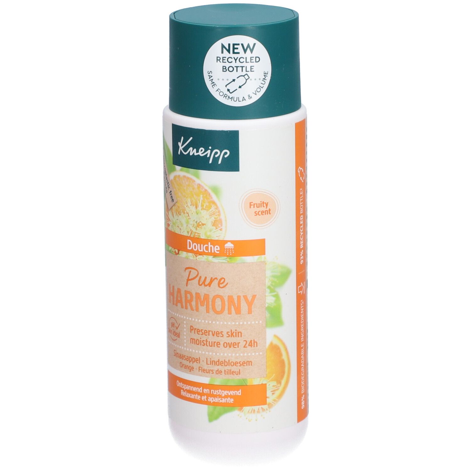 Flacon blanc et vert avec bouchon vert. Inscription : Kneipp, Douche Pure Harmony. Illustration d'une orange. Parfum fruité.