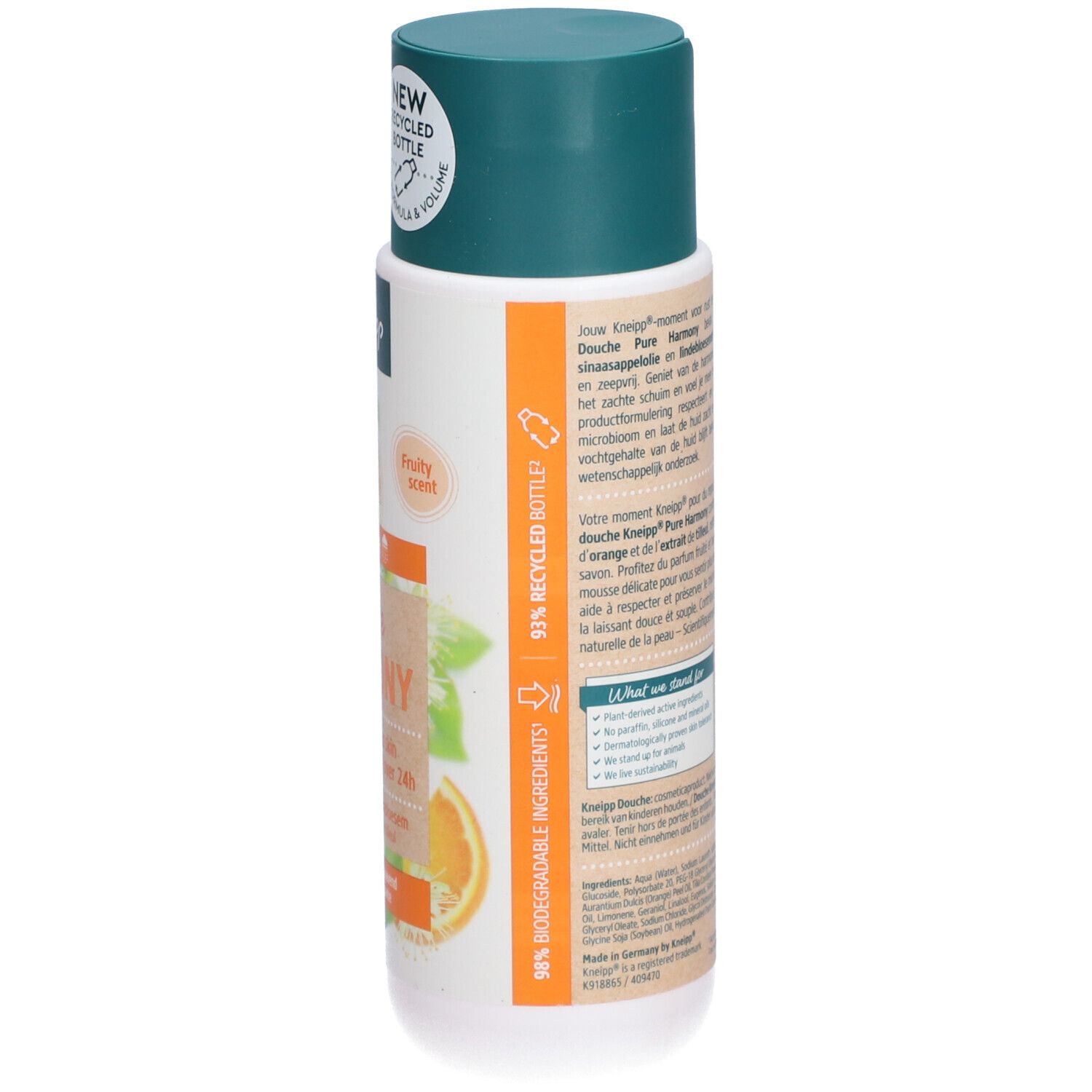 Flacon avec bouchon vert. Dos avec texte. Inscription : Kneipp Douche Pure Harmony. Flacon recyclé à 93%. 98% biodégradable.