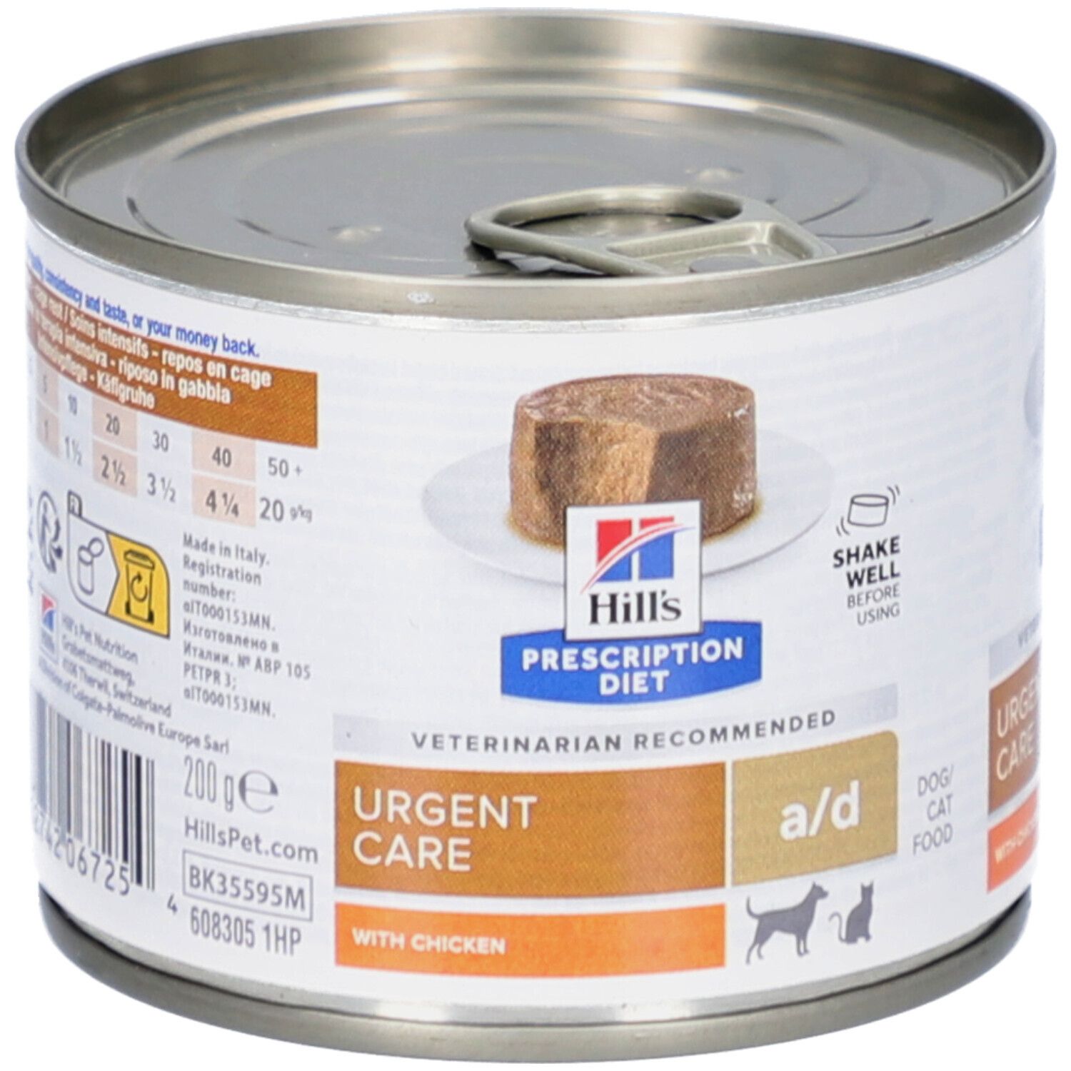 Hills Prescription Diet a/d, Hund & Katzennahrung. Dose mit Futterstück. Aufschrift: Urgent Care, mit Huhn.