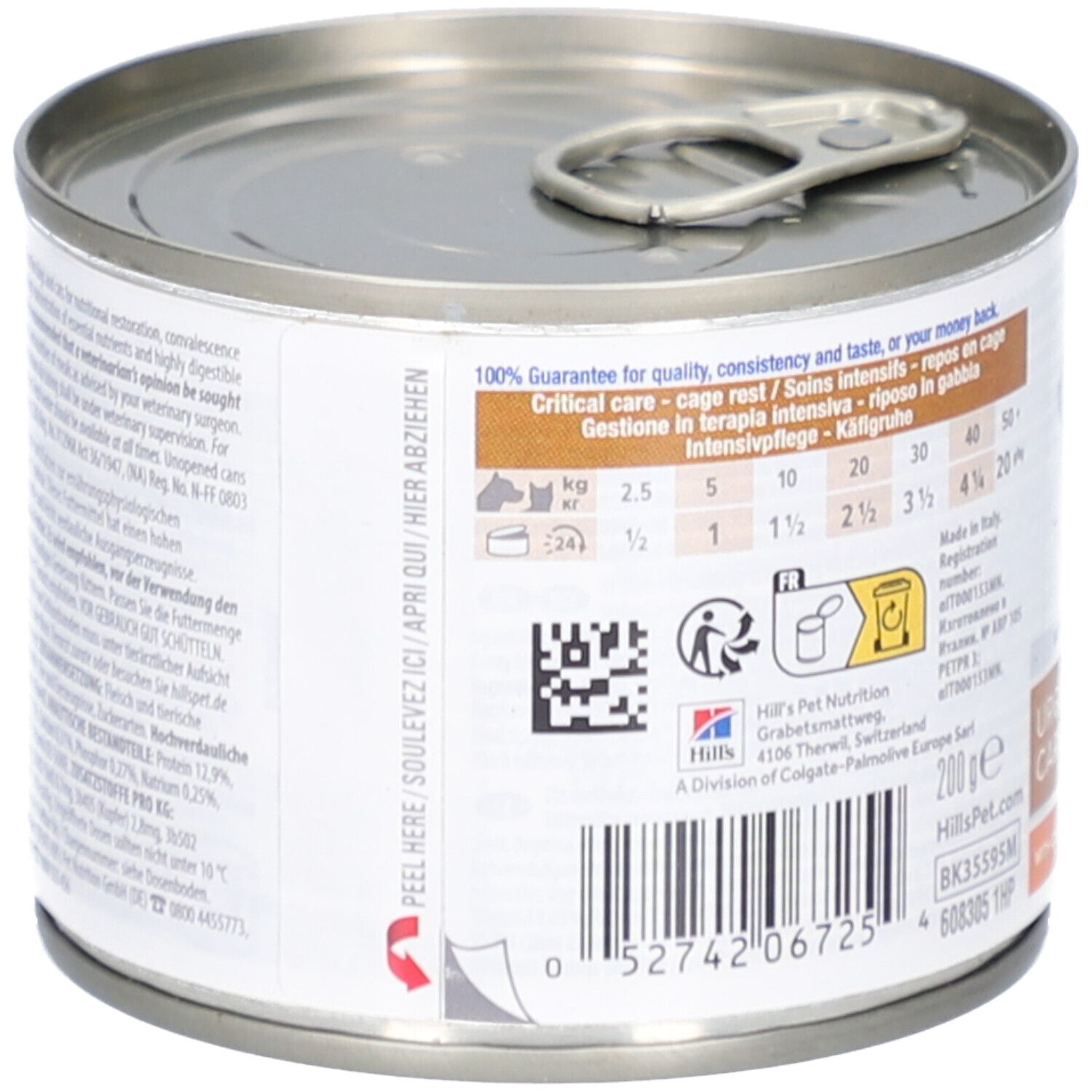 Hills Prescription Diet a/d Dose, Rückseite. Text: Fütterungshinweise, Inhaltsstoffe, Garantie. Barcode und QR-Code.