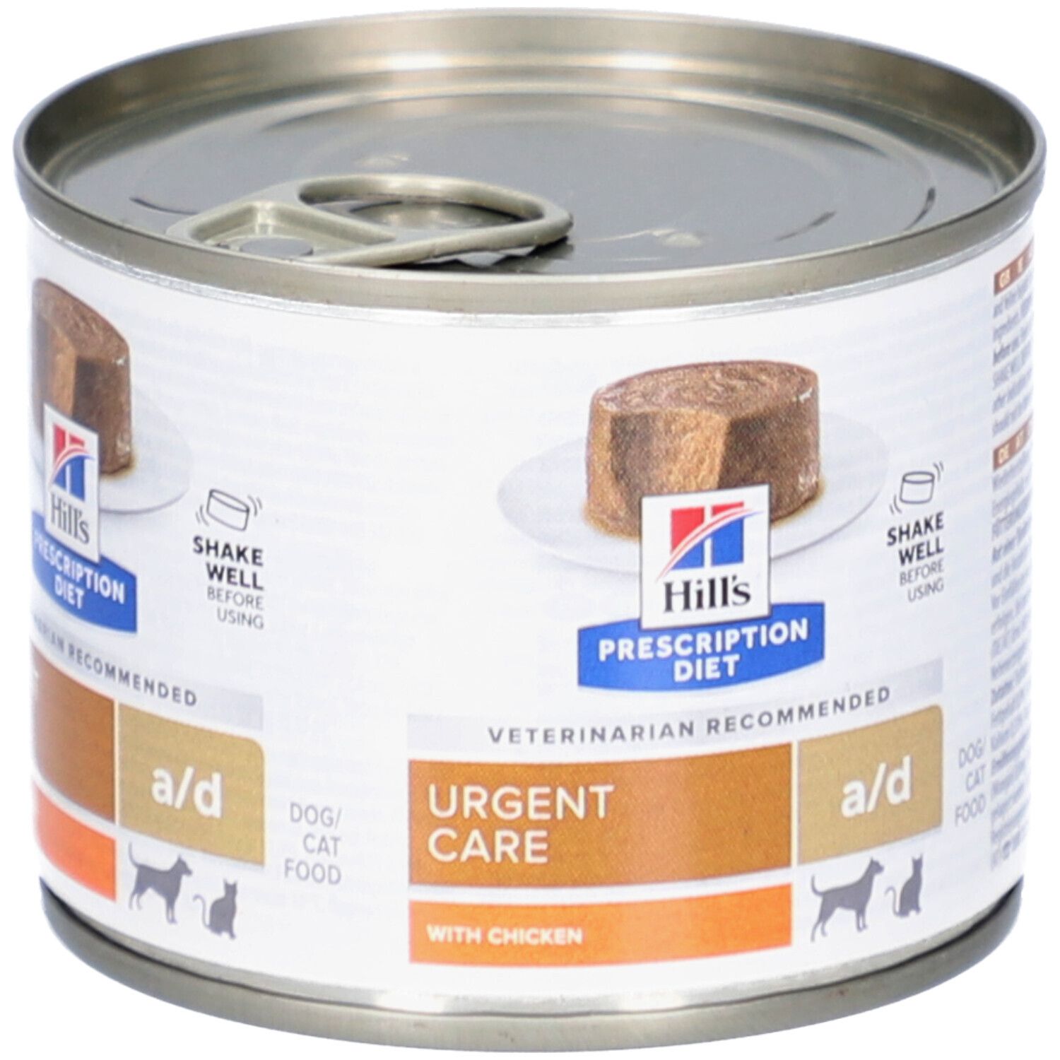 Hills Prescription Diet a/d, Hund & Katzennahrung. Dose mit Futterstück. Aufschrift: Urgent Care, mit Huhn.