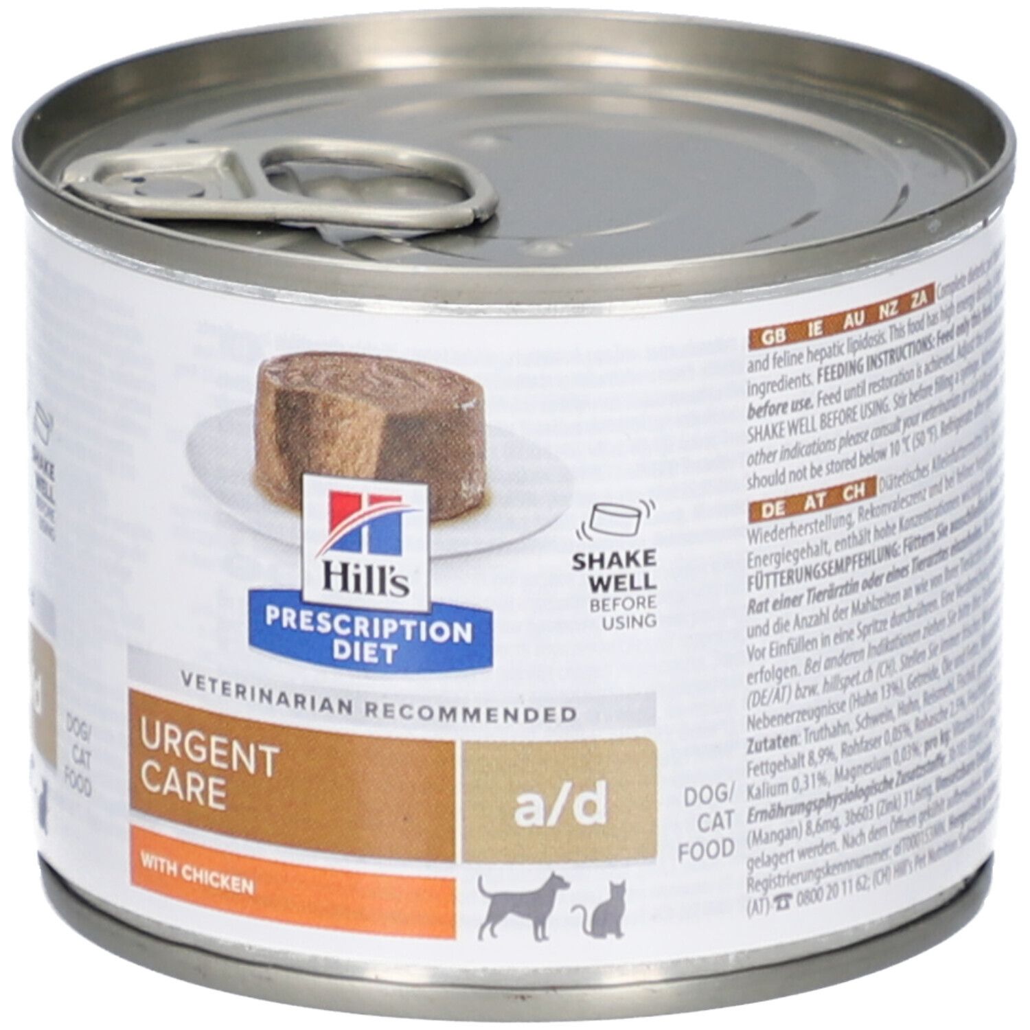 Hills Prescription Diet a/d Dose, Futterstück. Aufschrift: Urgent Care, mit Huhn. Text: Fütterungshinweise.