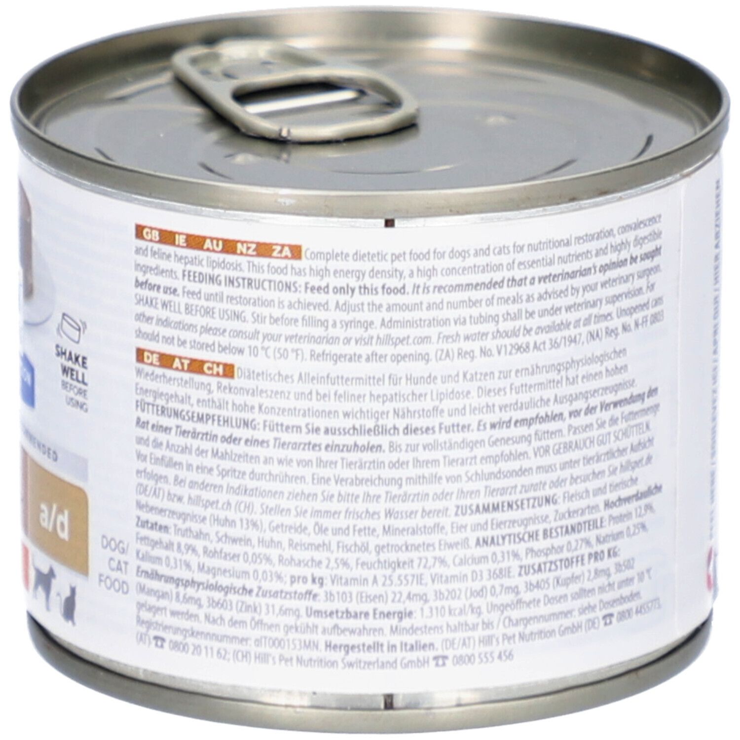Hills Prescription Diet a/d Dose, Rückseite. Text: Fütterungshinweise, Inhaltsstoffe. Barcode. Shake well before using.