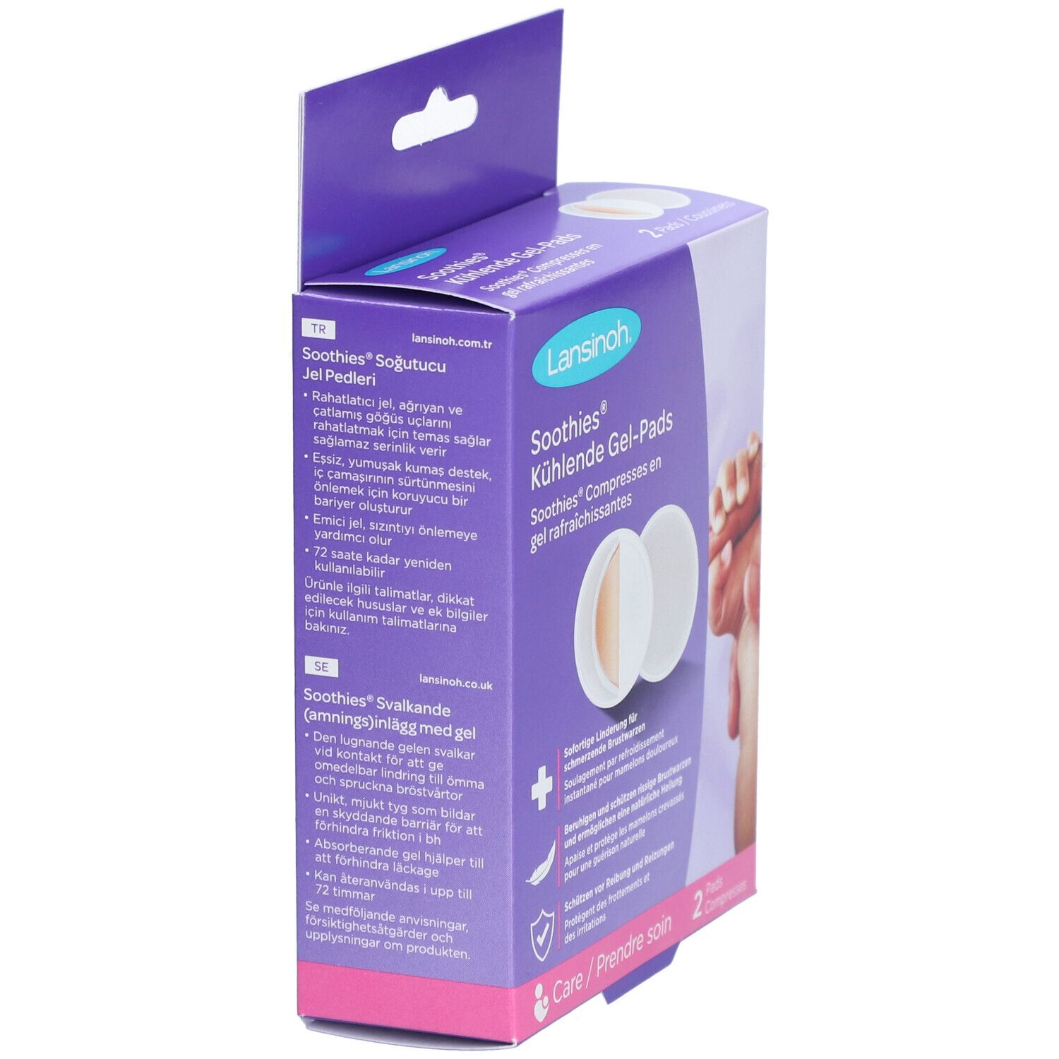 Seitenansicht der Verpackung mit kühlenden Gel-Pads. Marke Lansinoh. Produktname: Soothies. Text in mehreren Sprachen.