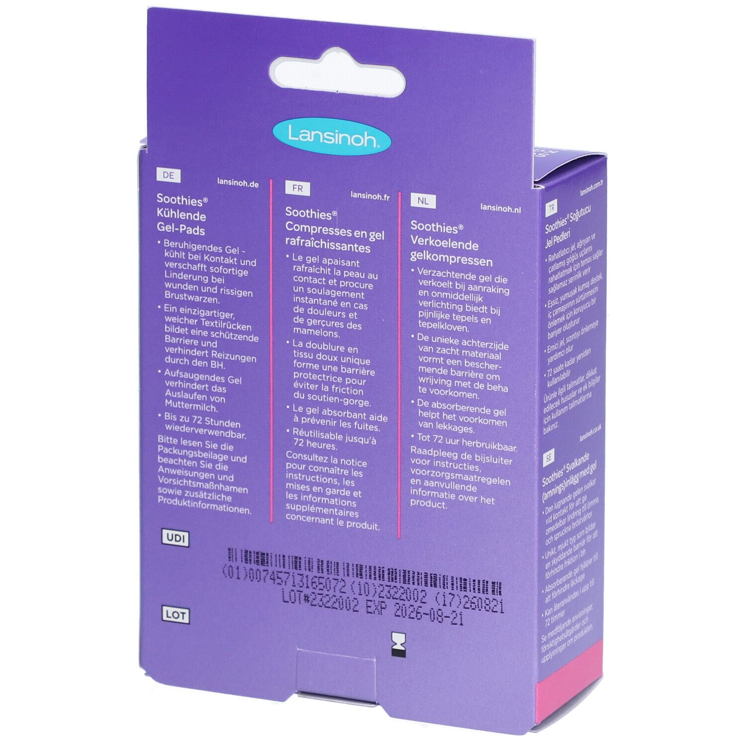 Rückseite der Verpackung mit kühlenden Gel-Pads. Marke Lansinoh. Produktname: Soothies. Text in mehreren Sprachen.