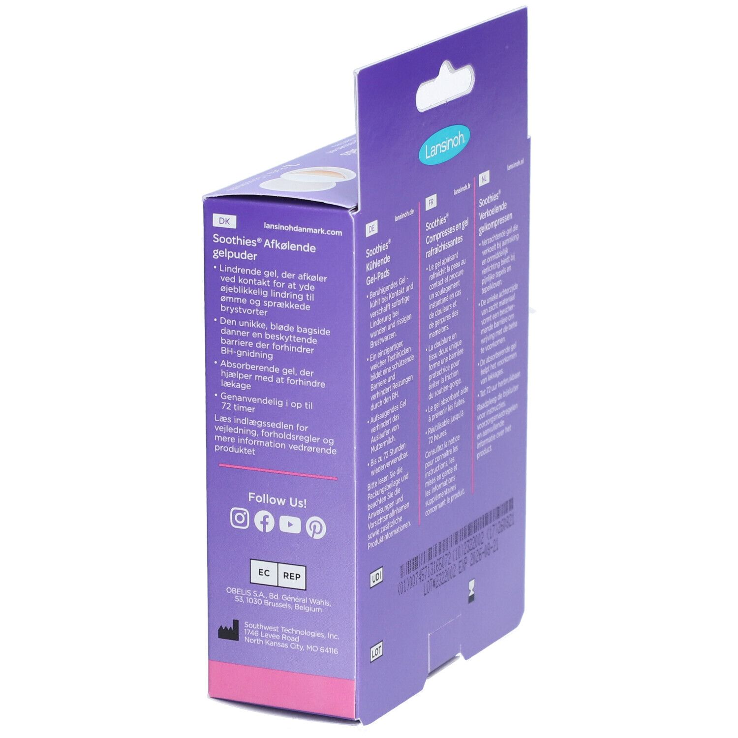 Seitenansicht der Verpackung mit kühlenden Gel-Pads. Marke Lansinoh. Produktname: Soothies. Text in mehreren Sprachen.