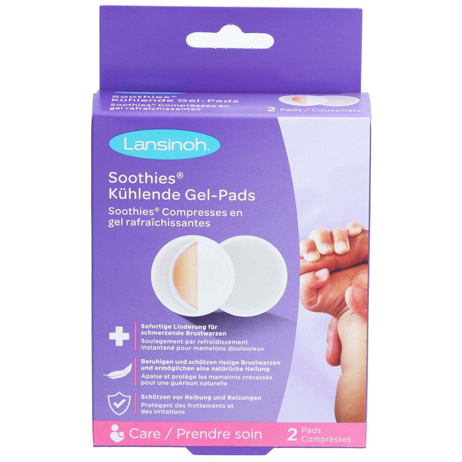 Verpackung mit zwei kühlenden Gel-Pads. Marke Lansinoh. Produktname: Soothies. Runde Pads, eine Hälfte transparent.