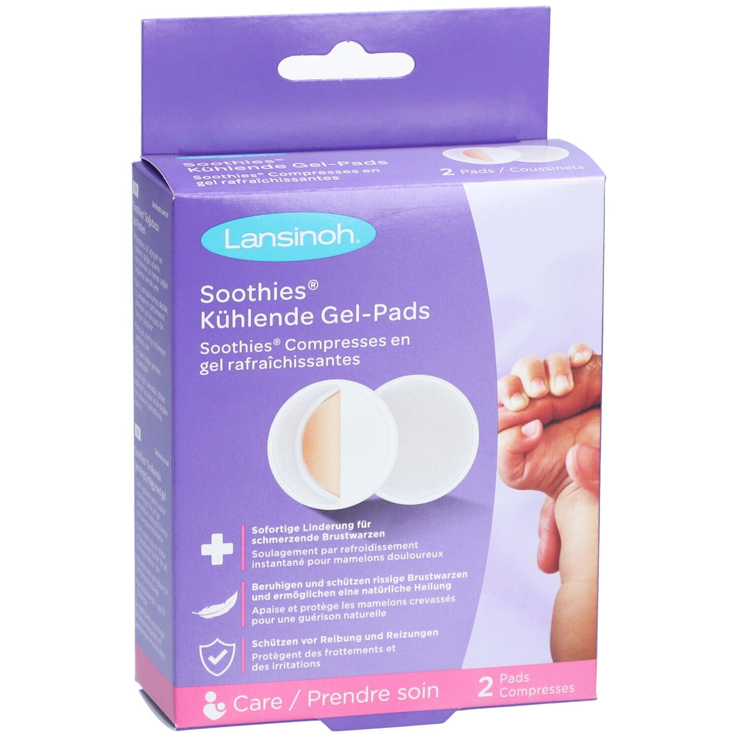 Verpackung mit zwei kühlenden Gel-Pads. Marke Lansinoh. Produktname: Soothies. Runde Pads, eine Hälfte transparent.