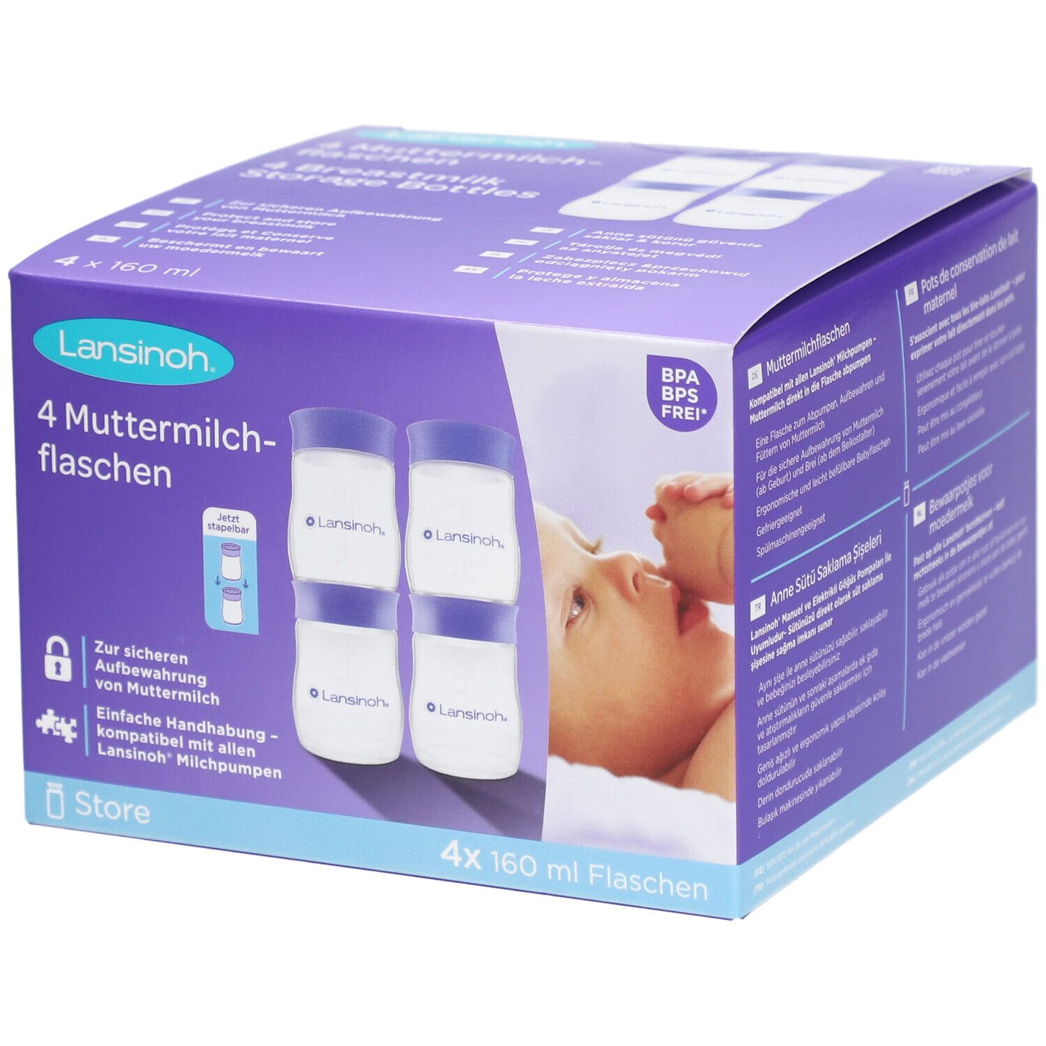 Boîte violette avec 4 biberons pour lait maternel. Contient 4 flacons. Texte et image d'un bébé. Sans BPA.