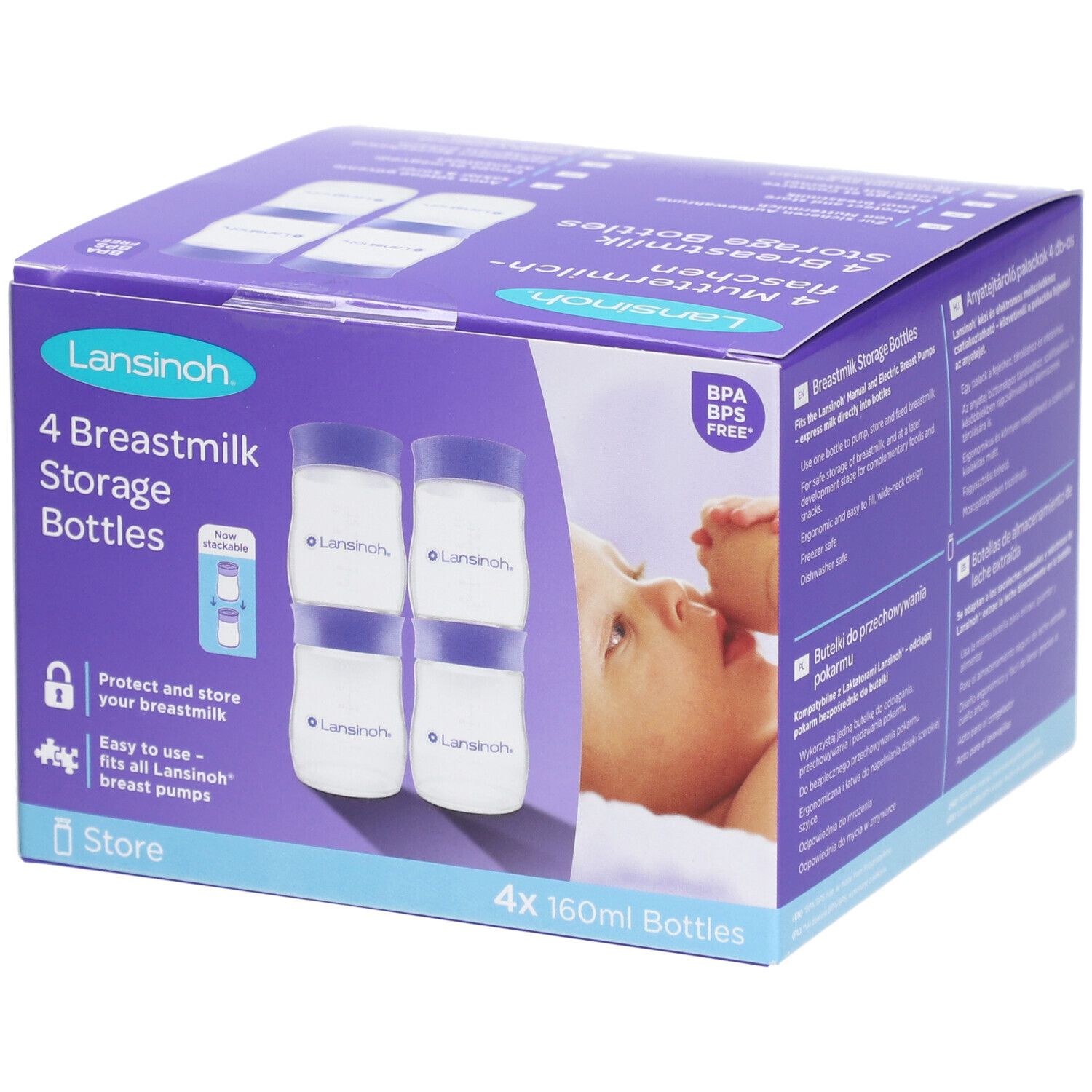 Boîte violette avec 4 biberons pour lait maternel. Contient 4 flacons. Texte et image d'un bébé. Sans BPA.