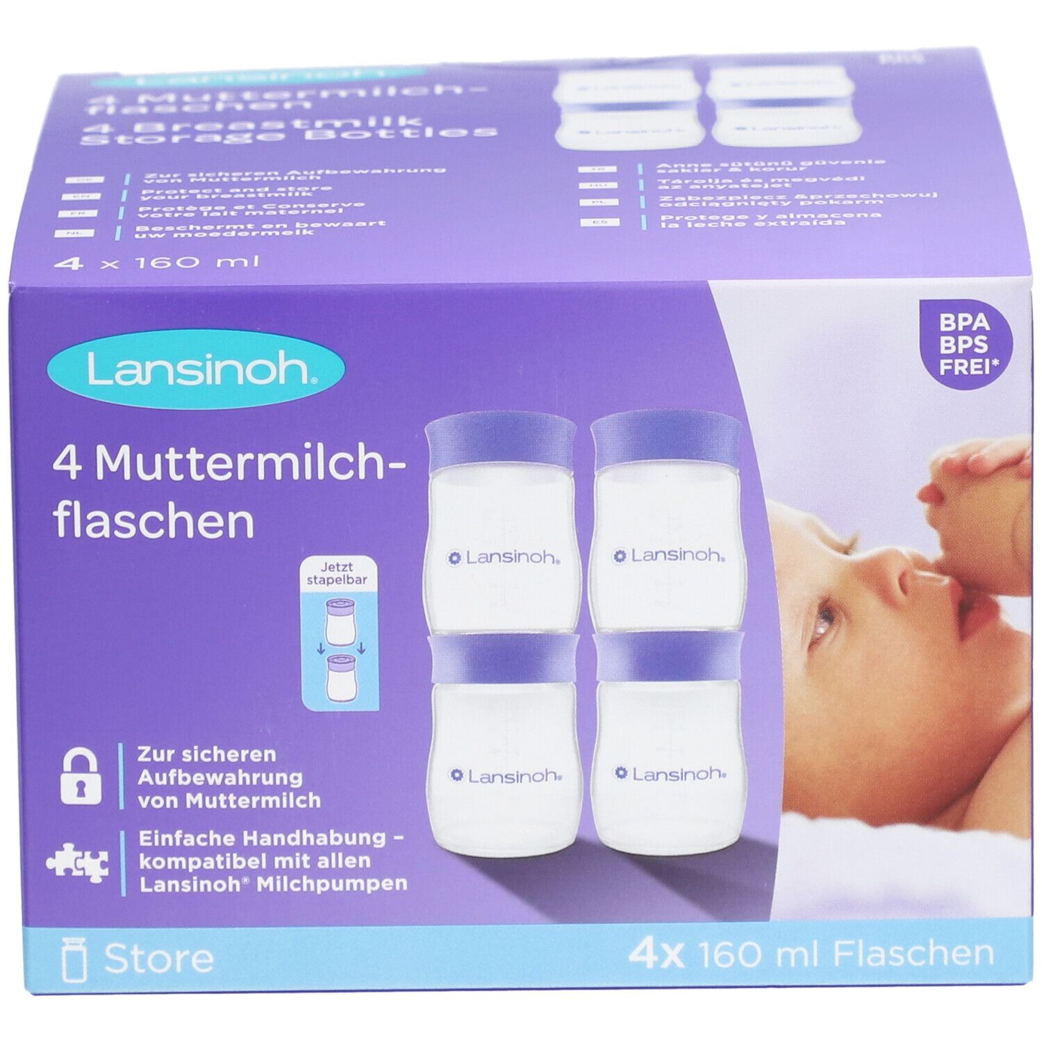 Boîte violette avec 4 biberons pour lait maternel. Contient 4 flacons. Texte et image d'un bébé. Sans BPA.