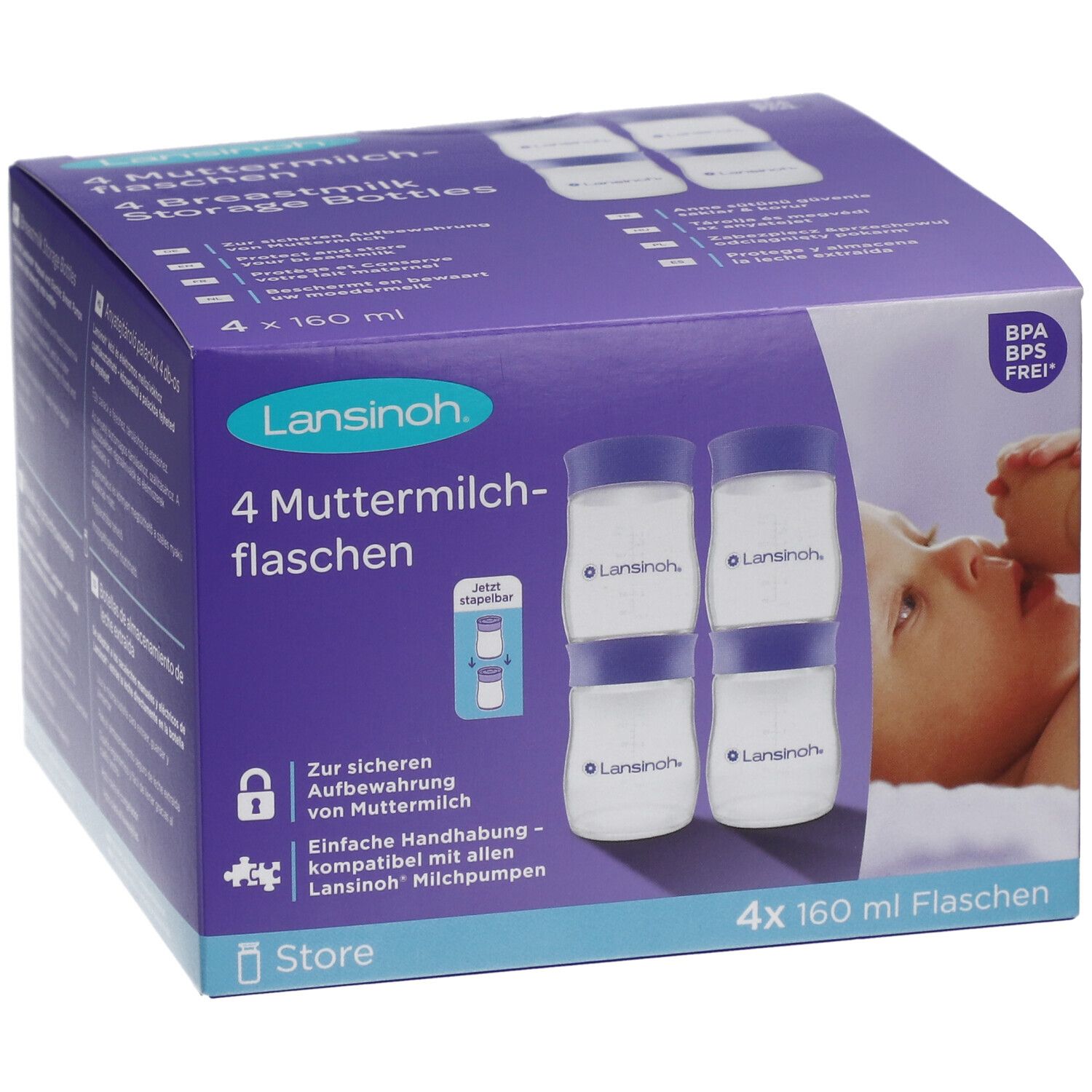 Boîte violette avec 4 biberons pour lait maternel. Contient 4 flacons. Texte et image d'un bébé. Sans BPA.
