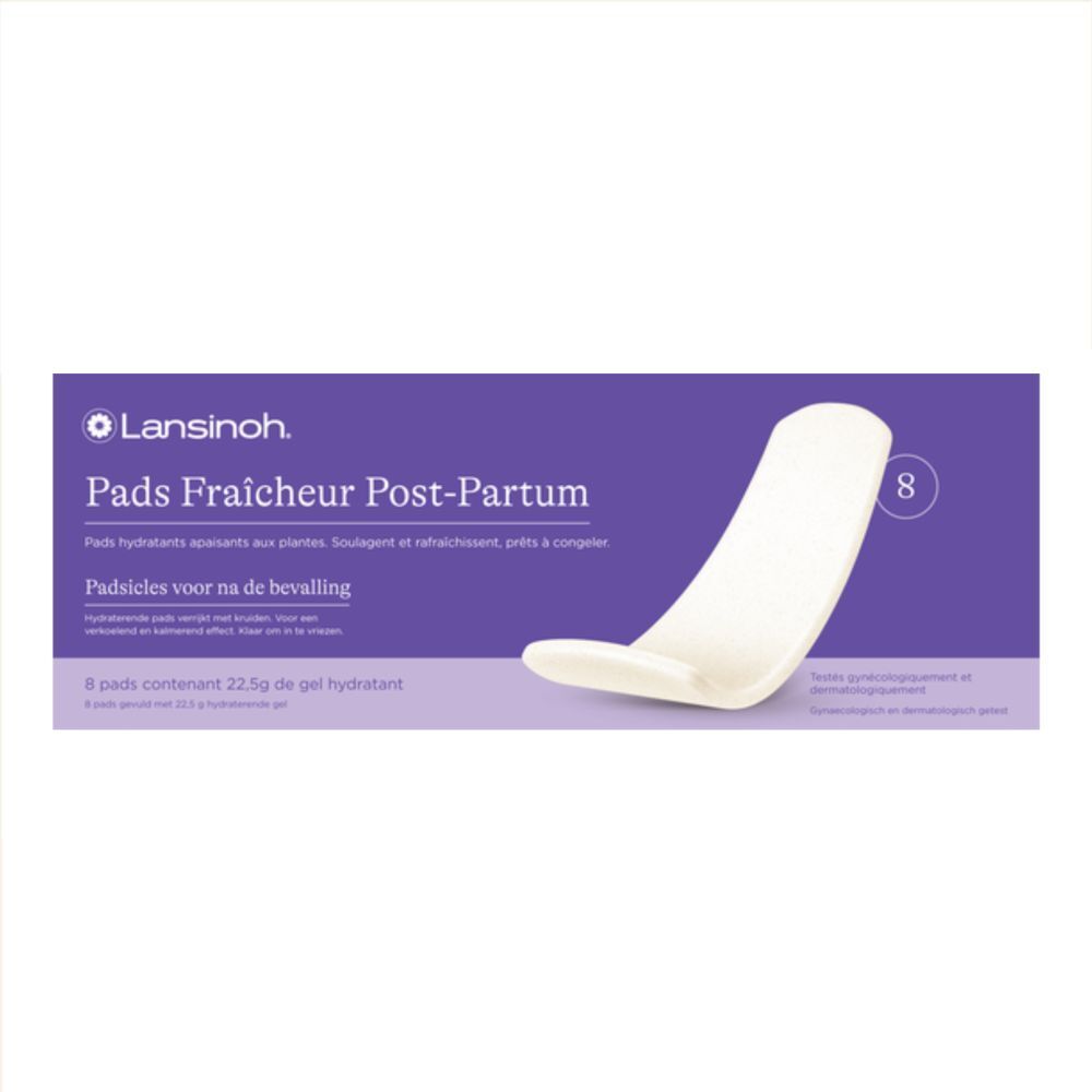 Verpakking met 8 pads. Opschrift: Lansinoh Pads Fraîcheur Post-Partum. Wit pad op de voorgrond.