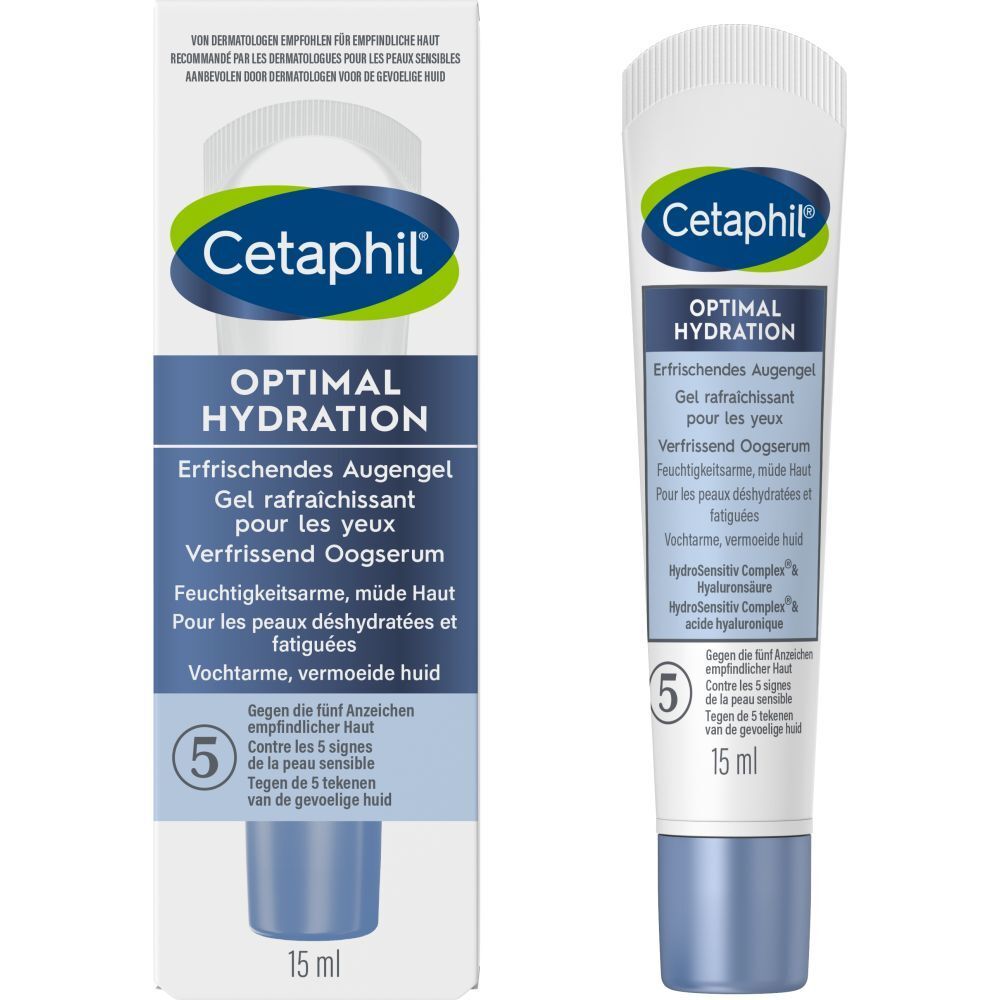 Cetaphil Optimal Hydratation soin des yeux et emballage. Nom du produit, logo et texte en allemand et français. 15 ml.