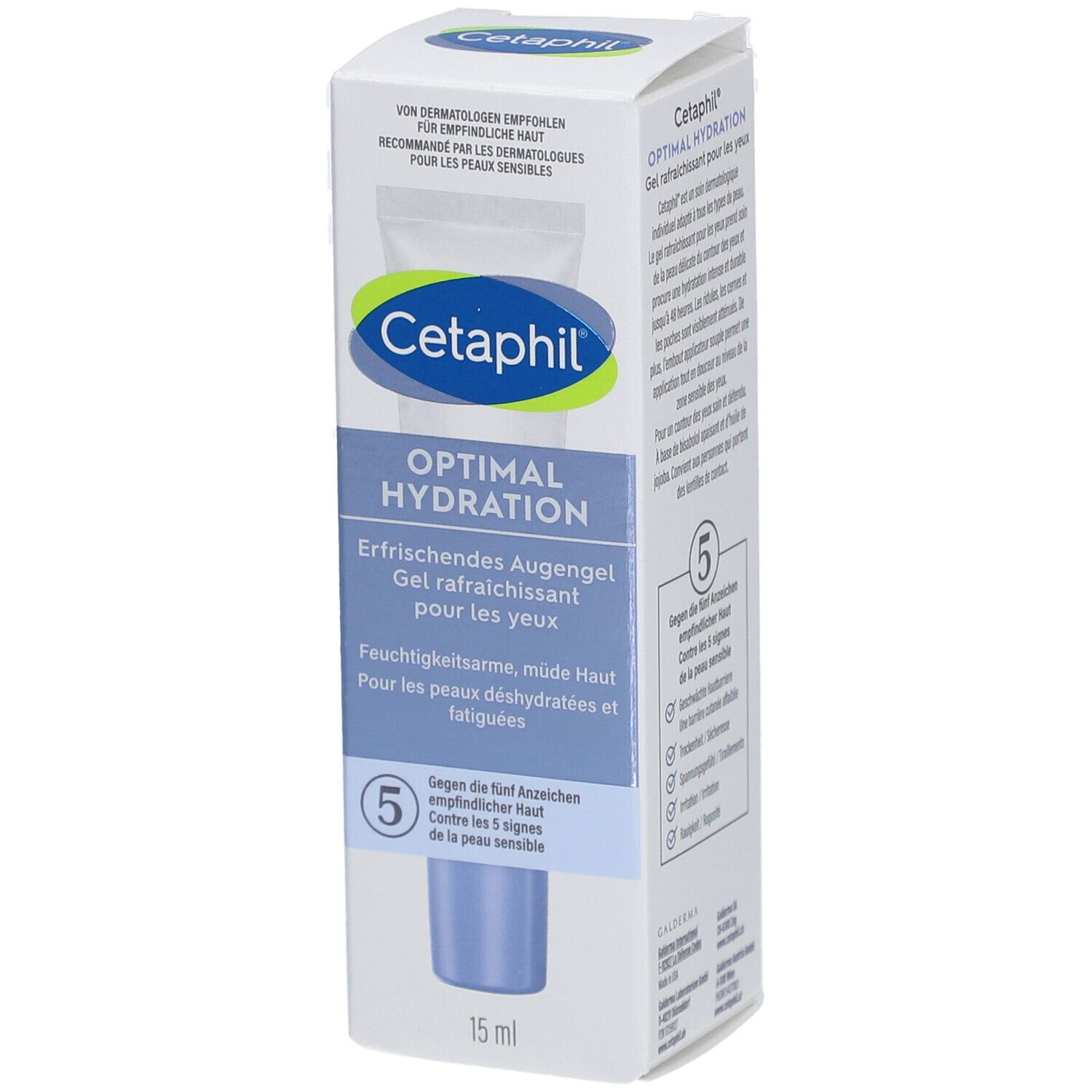 Cetaphil Optimal Hydratation soin des yeux en boîte. Nom du produit, logo et texte en allemand et français. 15 ml.