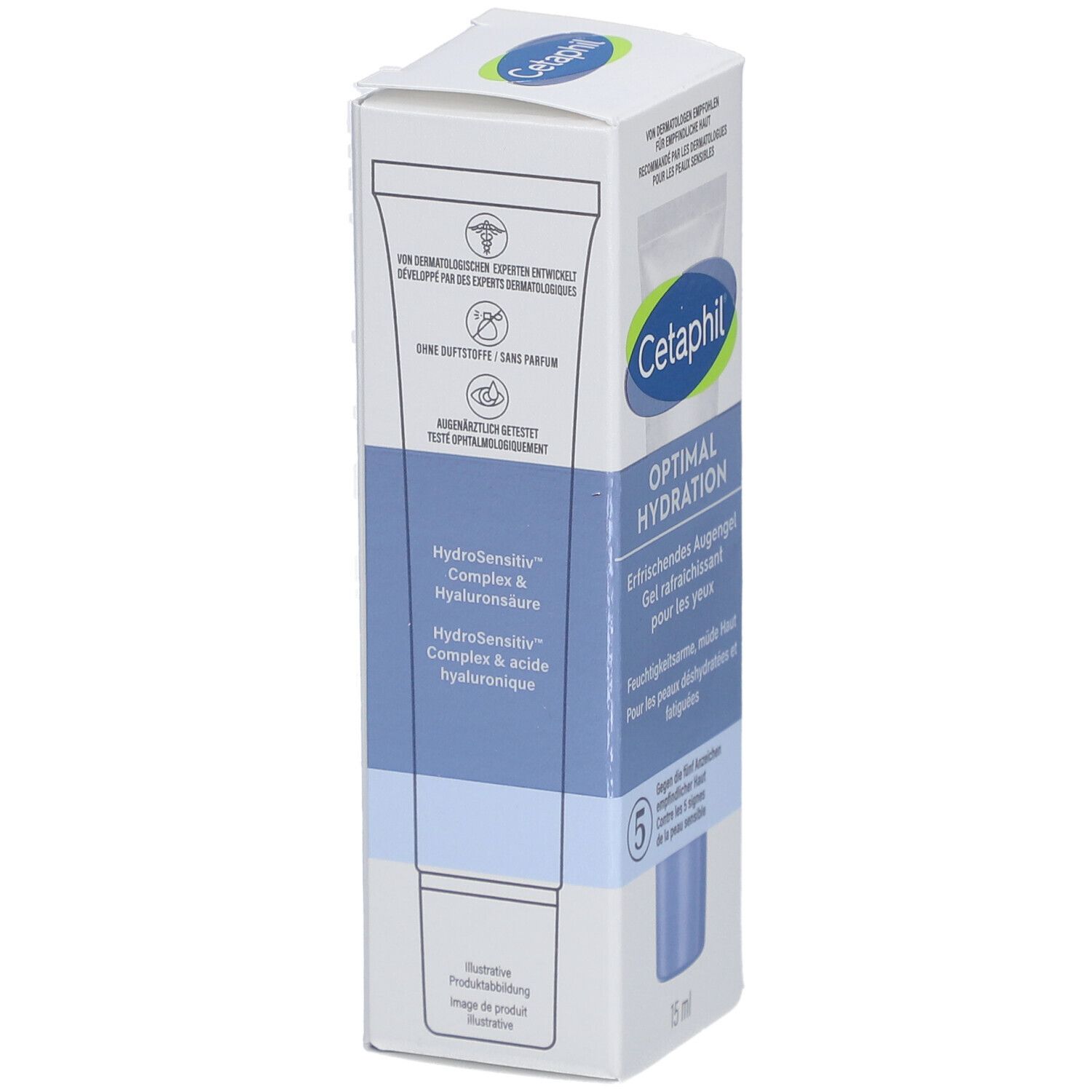 Emballage de soin des yeux Cetaphil Optimal Hydratation. Nom du produit, logo et texte en allemand et français. 15 ml.