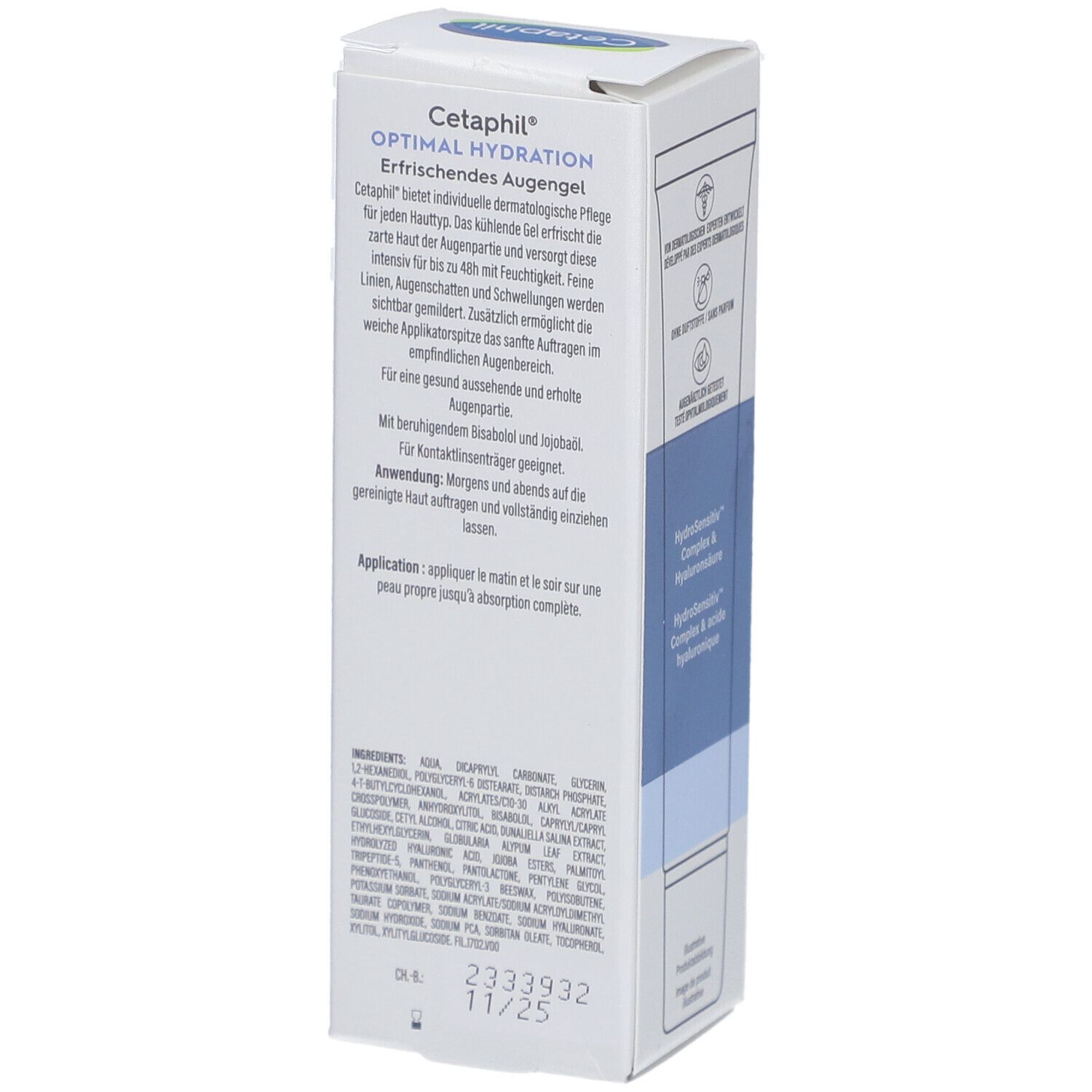 Dos de l'emballage du soin des yeux Cetaphil Optimal Hydratation. Texte en allemand et français. Ingrédients et application.