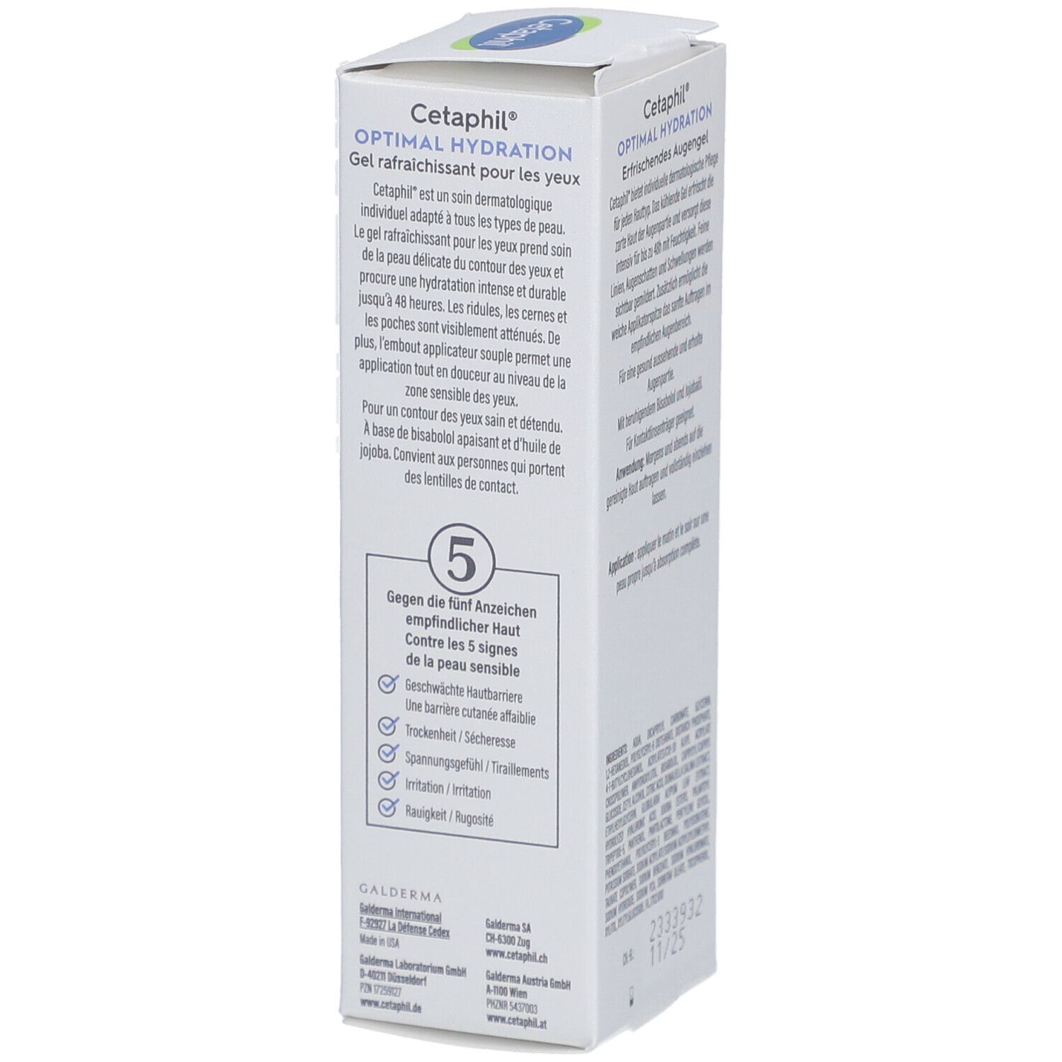 Côté de l'emballage du soin des yeux Cetaphil Optimal Hydratation. Texte en allemand et français. Caractéristiques et logo du produit.