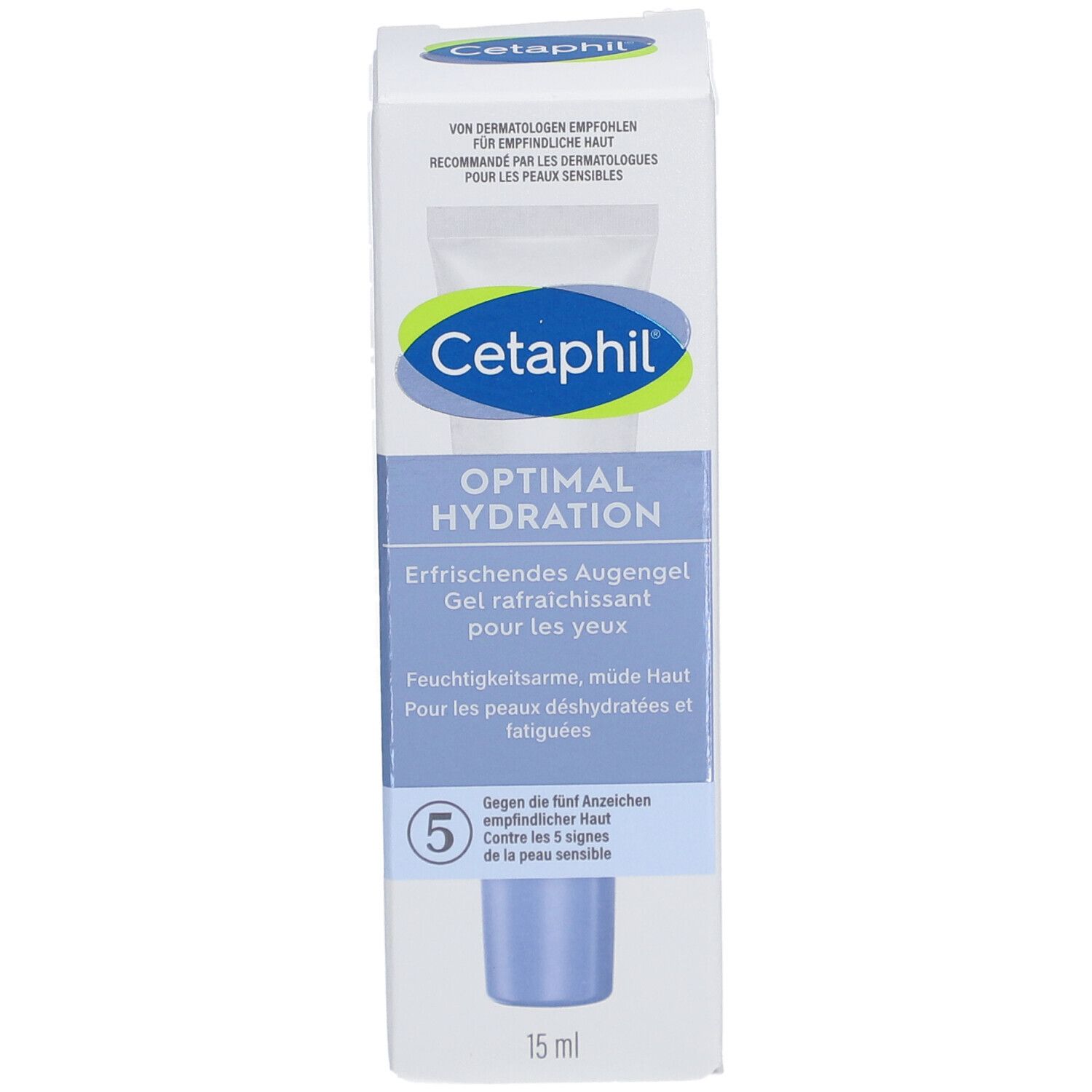 Cetaphil Optimal Hydratation soin des yeux en boîte. Nom du produit, logo et texte en allemand et français. 15 ml.