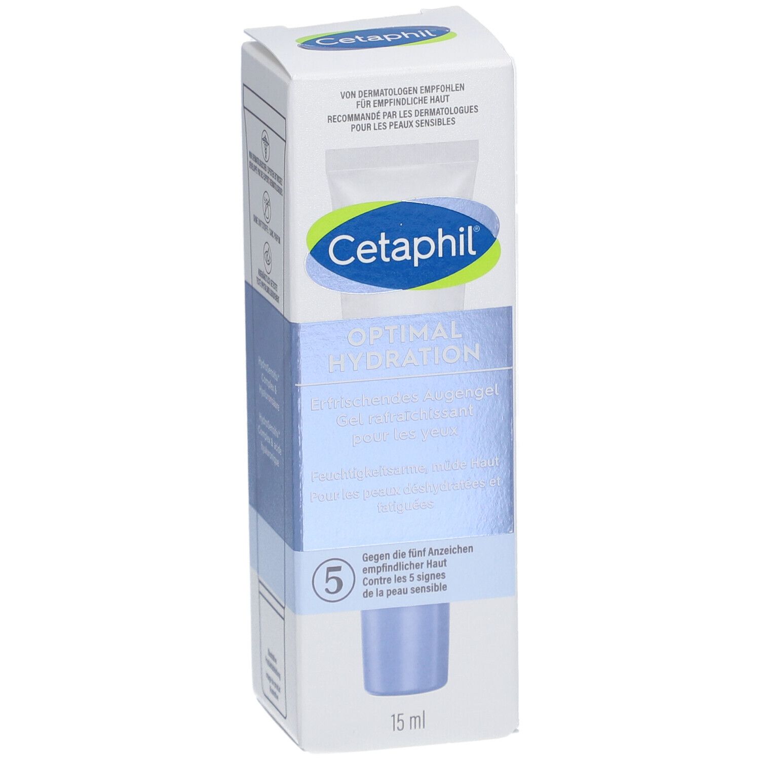 Cetaphil Optimal Hydratation soin des yeux en boîte. Nom du produit, logo et texte en allemand et français. 15 ml.