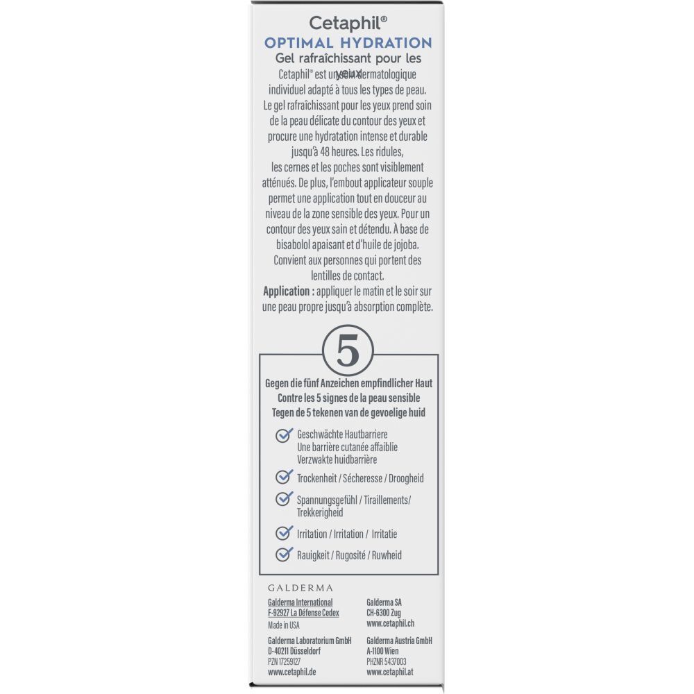 Côté de l'emballage du soin des yeux Cetaphil Optimal Hydratation. Texte en allemand et français. Caractéristiques et logo du produit.