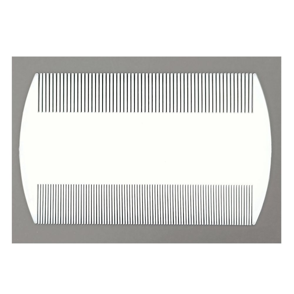 Peigne à poux blanc. Forme ovale, deux rangées de dents fines, espace vide au centre.