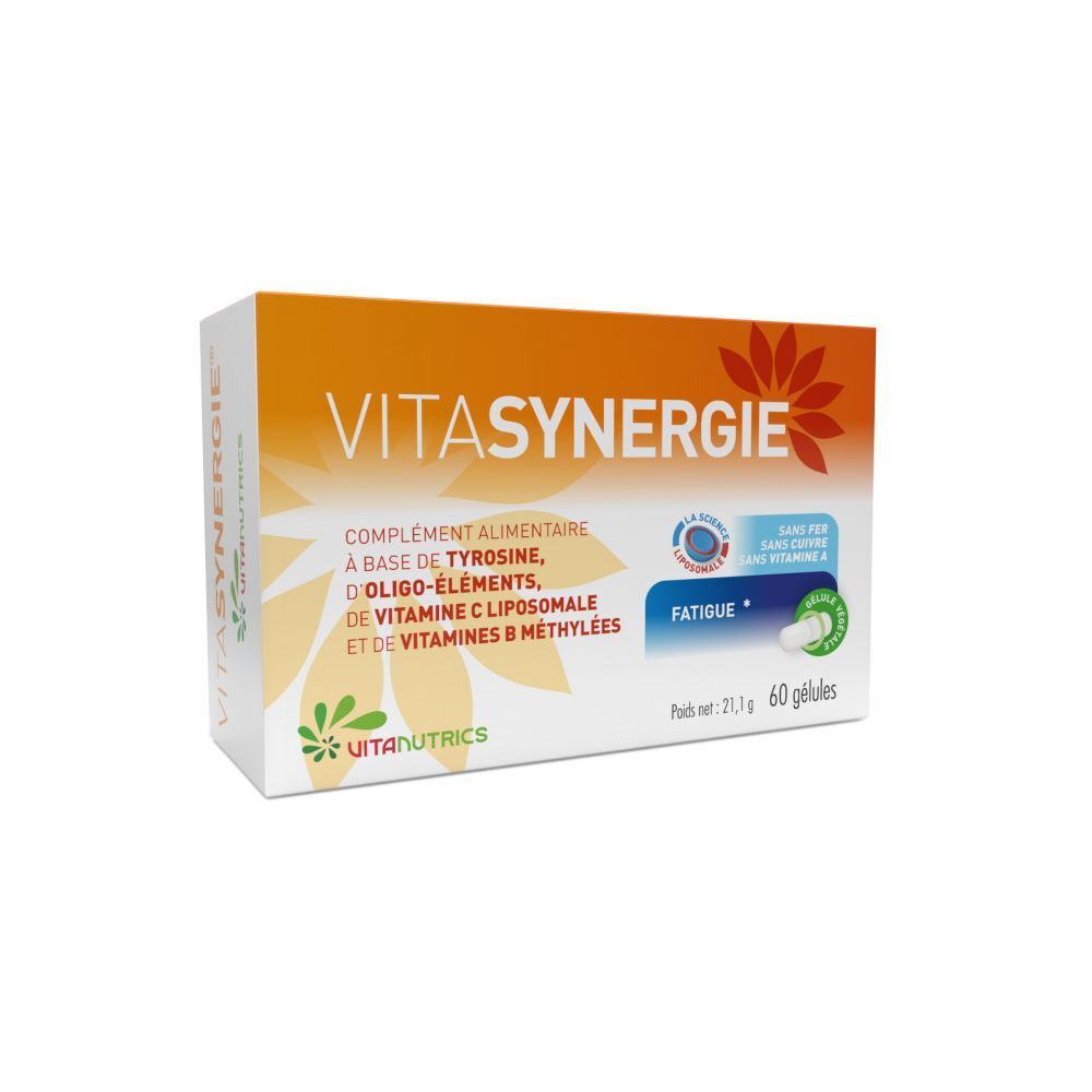 Boîte Vitasynergie. Rectangle orange et blanc avec nom du produit et ingrédients. 60 gélules. Logo Uitanutrics.