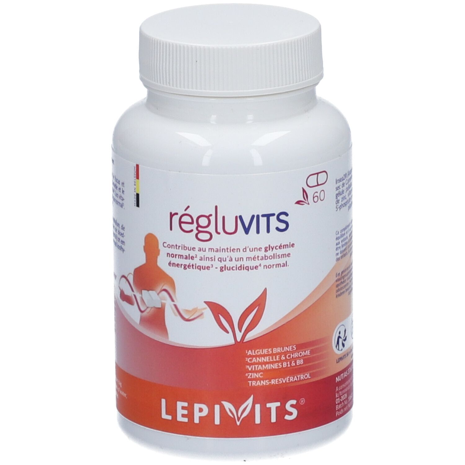 Flacon blanc de RégluVits, 60 gélules. Inscriptions : LepiVits, RégluVits. Contient algues brunes, cannelle, chrome, vitamines.